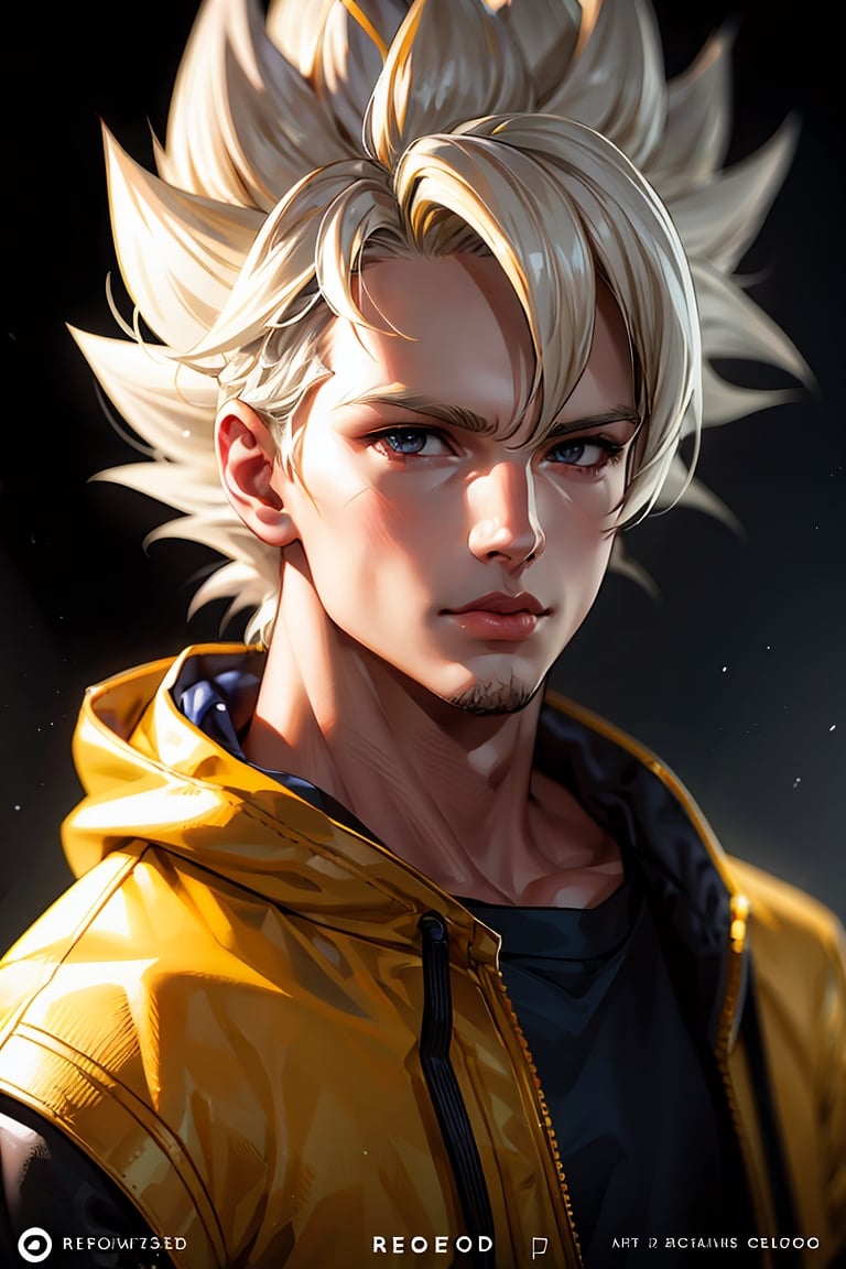 detailed portrait, ultra realistic, 1boy, highly detailed clothes, wearing neon coat with hood, beautiful face, robotic, super saiyen, blond hair, brush strokes, 12k, beautiful outfit, wlop, high definition, cinematic, behance contest winner, portrait featured on unsplash, stylized digital art, smooth,raidenshogundef,son goku