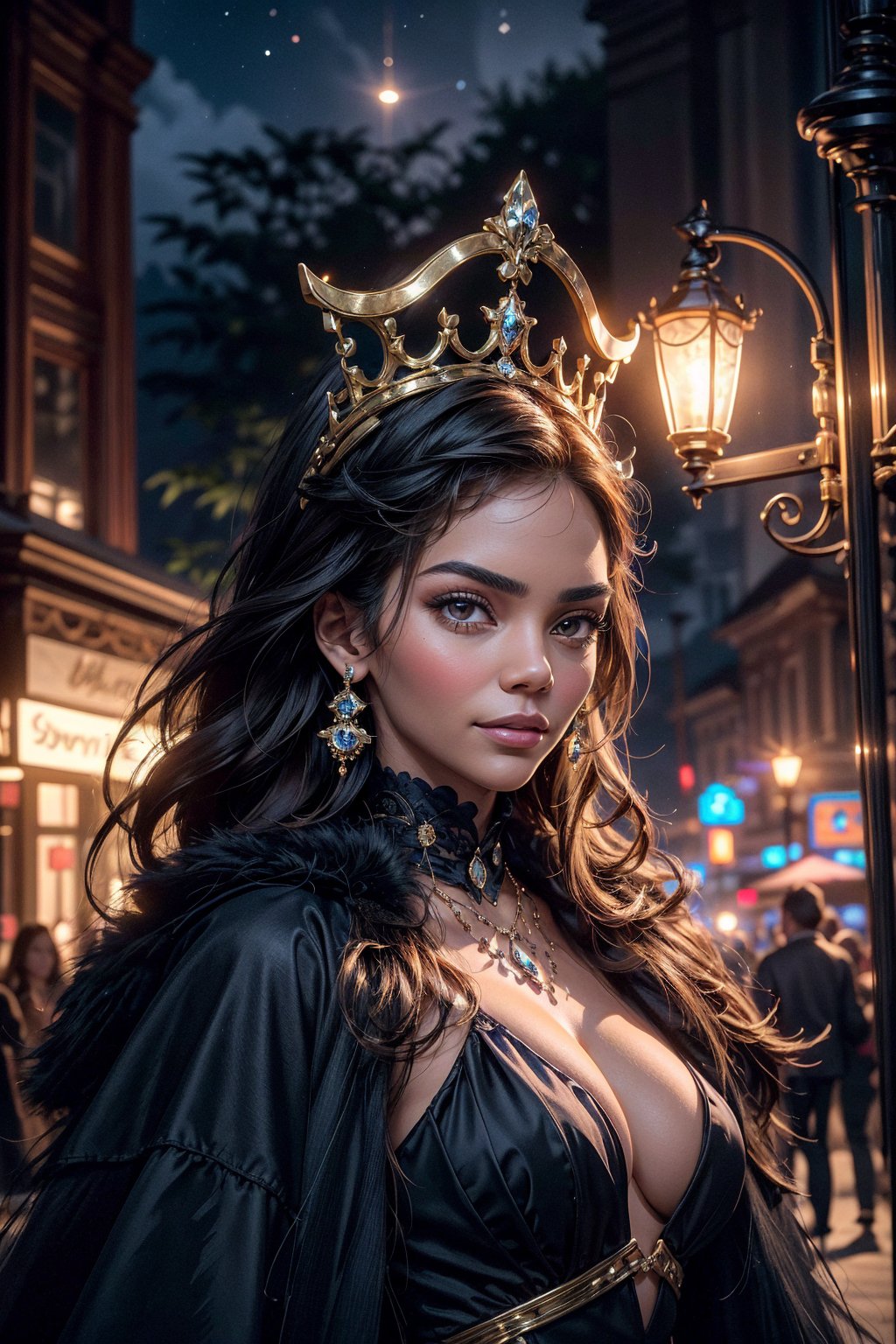 A regal ebony beauty queen, with cornrow hair, with a mischievous smile, similar to both Kendall Jenner and Halle Berry, the panther's fur glowing in the moonlight. Mystical sparkling lights, terrifying atmosphere. Steampunk,red and blue contrast,hand drawn,2D,MSchiffer