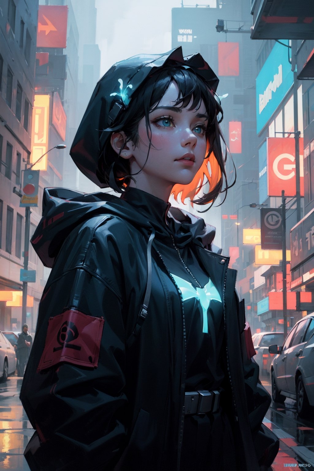 detailed portrait, ultra realistic, girl, highly detailed clothes, wearing cyberpunk coat with hood,beautiful face, cybernatic,time traveler,robotic, 12k, beautiful outfit, wlop, high definition, cinematic, behance contest winner, portrait featured on unsplash, stylized digital art, smooth,(bioluminescence:1.2)