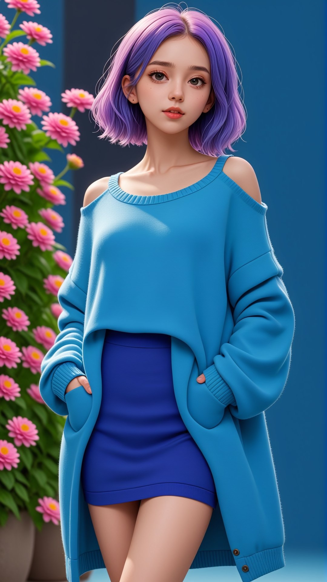 illustrator, anime , full body, realistic , sketch , 1girl, ,lip, Sweater,order, Blue gradient background, Neon hair,Textured crop, Canadian, (masterpiece,best quality) wearing wooly long dress and coat,  full body, flowers bloom and lighting bokeh as background,xxmix_girl,<lora:659095807385103906:1.0>