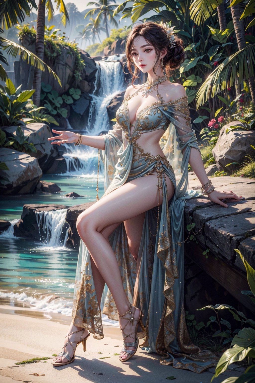 (masterpiece), (full body, full entire body), realistic, tropical paradise, in frame, intricate detail, 8k resolution, photorealistic, global illumination, detailed environment, beautiful young 20-year-old female character, glamourous, stunningly beautiful girl, detailed hairstyle,dynamic, approaching perfection, highly detailed