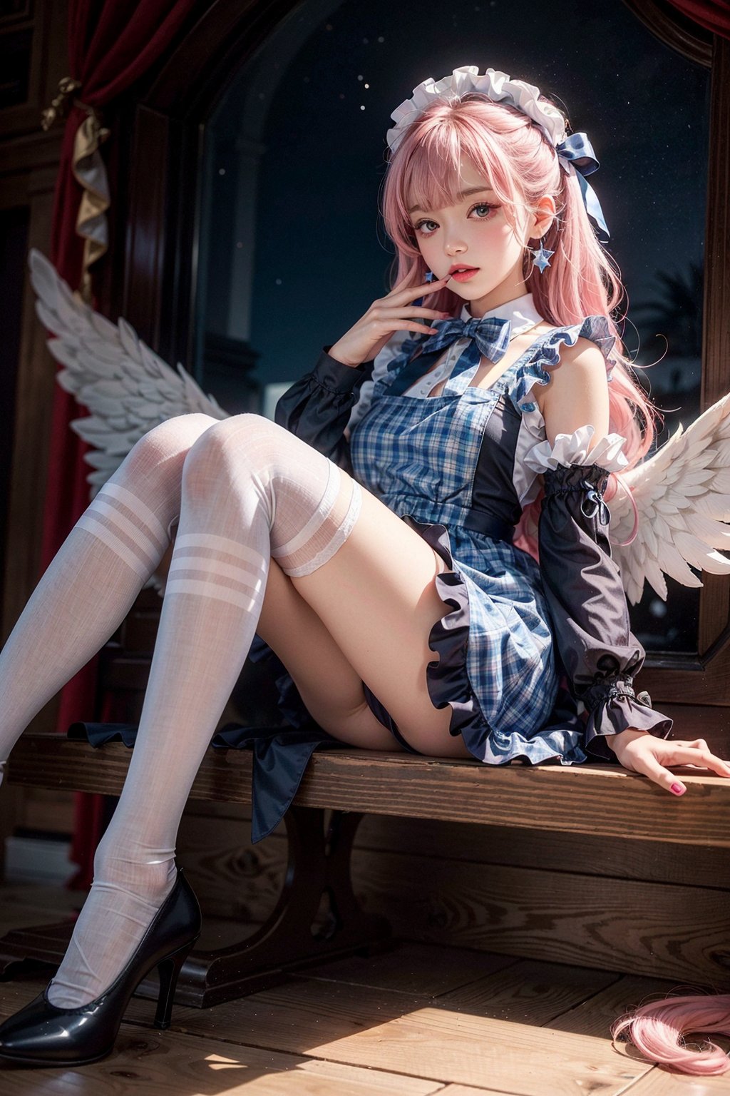 Havoc and Disorder, 1girl, solo, long hair, looking at viewer, blush, bangs, thighhighs, long sleeves, dress, bow, ribbon, jewelry, full body, pink hair, earrings, frills, parted lips, detached sleeves, wings, striped, pink eyes, star (symbol), nail polish, apron, plaid, maid headdress, blue dress, blue bow, frilled dress, striped thighhighs, angel wings, blue footwear, frilled thighhighs, plaid dress
