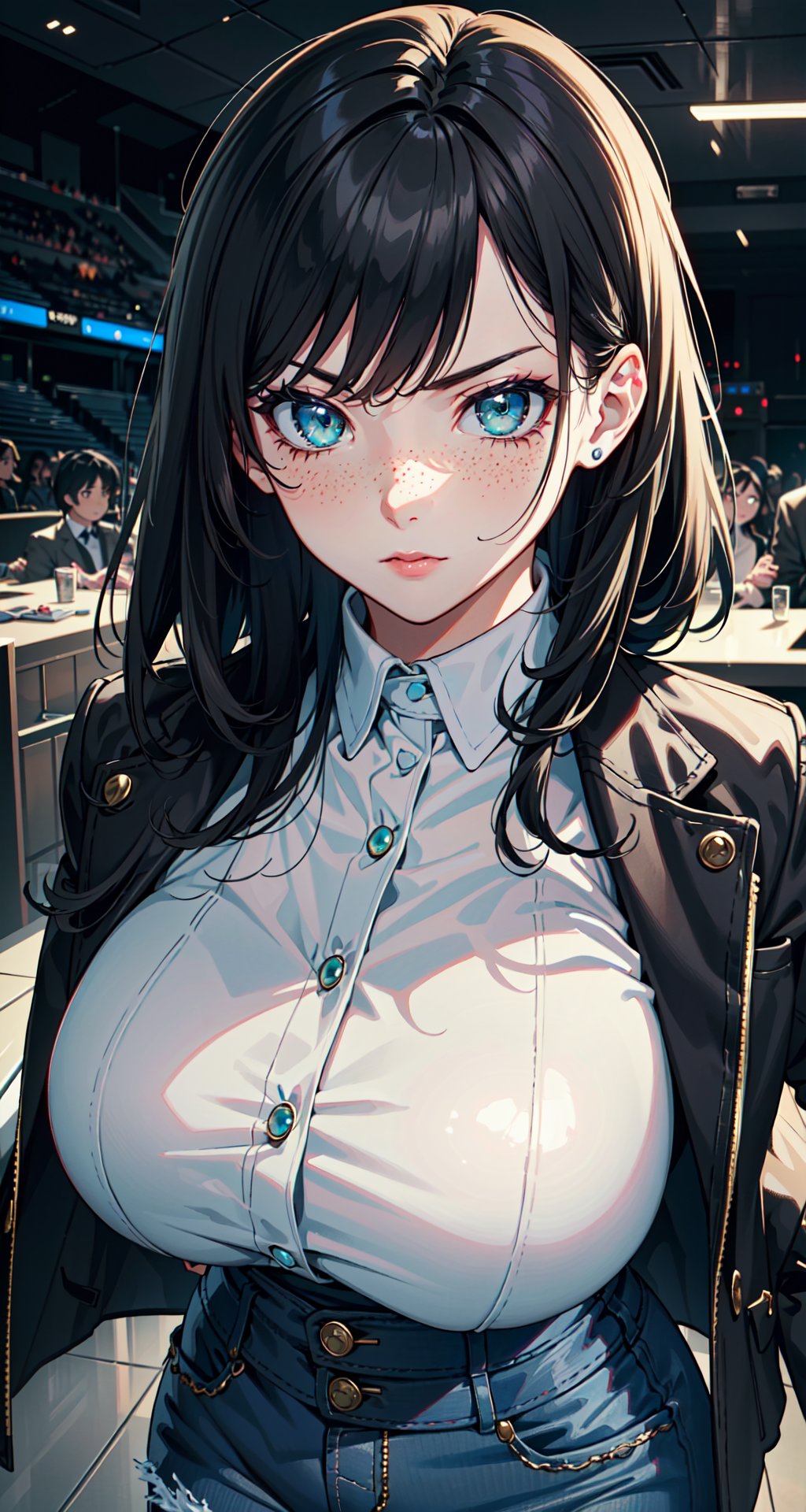 (4k), (masterpiece), (best quality), (extremely complex), (realistic), (sharp focus), (cinematic lighting), (extremely detailed), (epic), A close-up portrait of a chubby woman, serious look, deep look, incredibly detailed hand, long black hair, bangs, mint green eyes, freckles on face, white shirt with jacket on top, black jeans, curvy body, full body, detailed face, perfect eyes, detailed hands, mix of fantasy and realism. elements, vibrant manga, uhd image, vibrant illustrations, the background is a galaxy