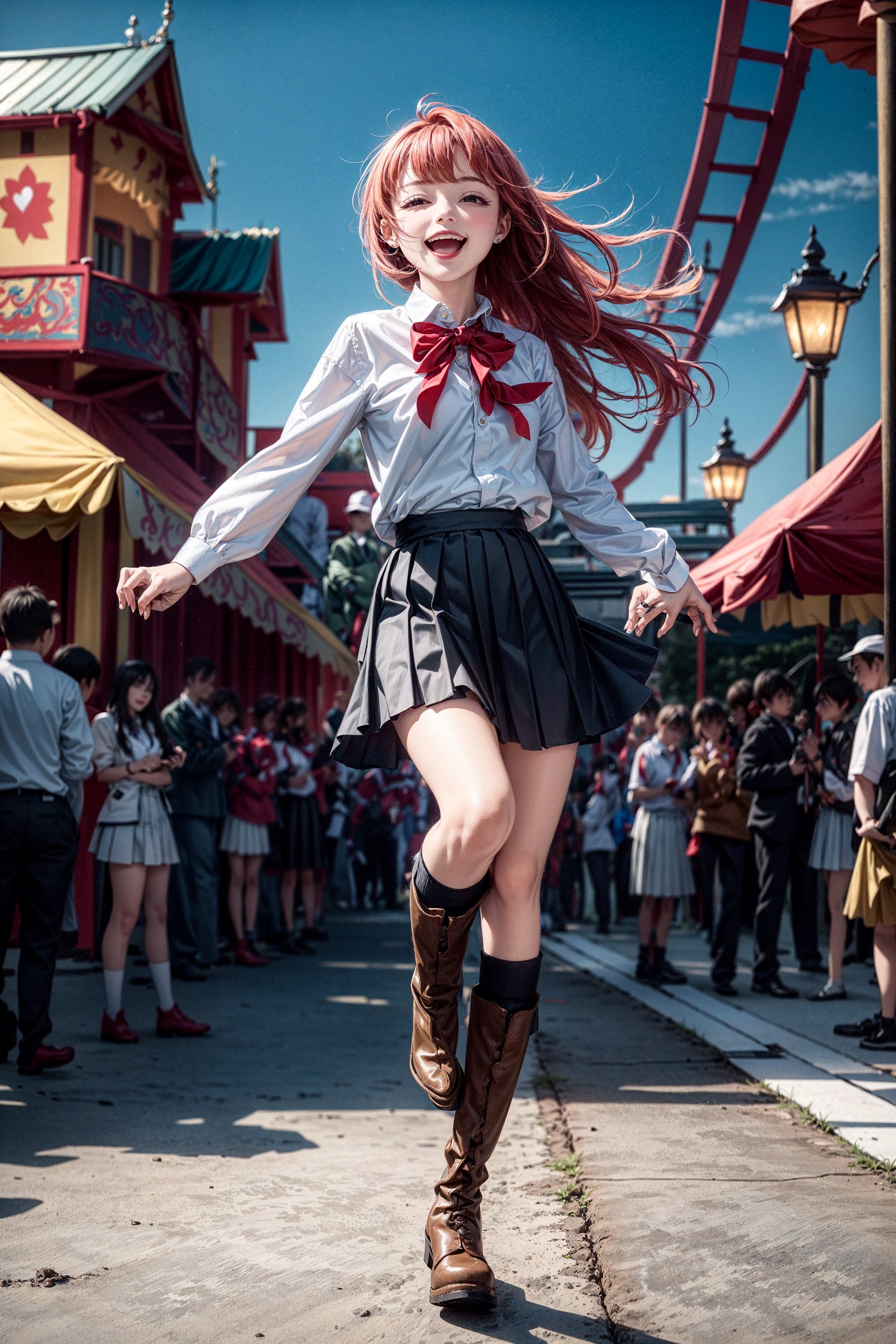 oft lighting, scenic background, carnival, roller coasters, gekkoukan high school uniform, white button up shirt, black pleated skirt, boots, red hair over on eye, excited happy expression, hearts