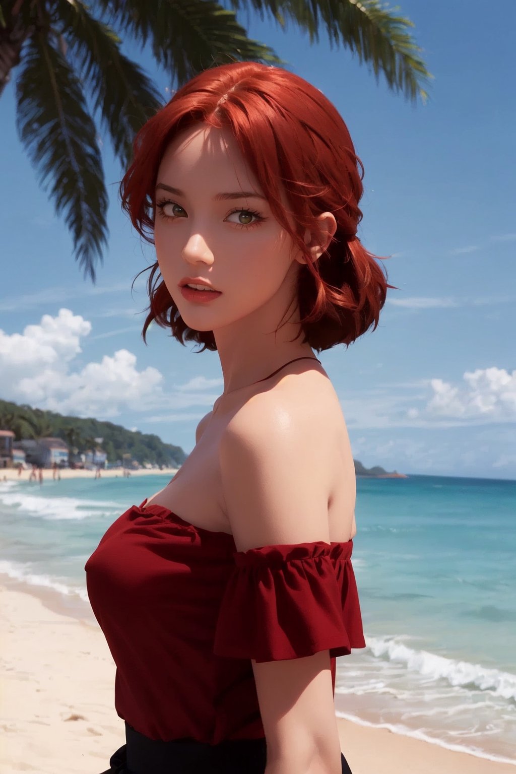 1girl, looking at viewer, at a beach, masterpiece, (bardot tops:1.2), summertime clothing, beautiful, best quality, highly detailed,red hair
