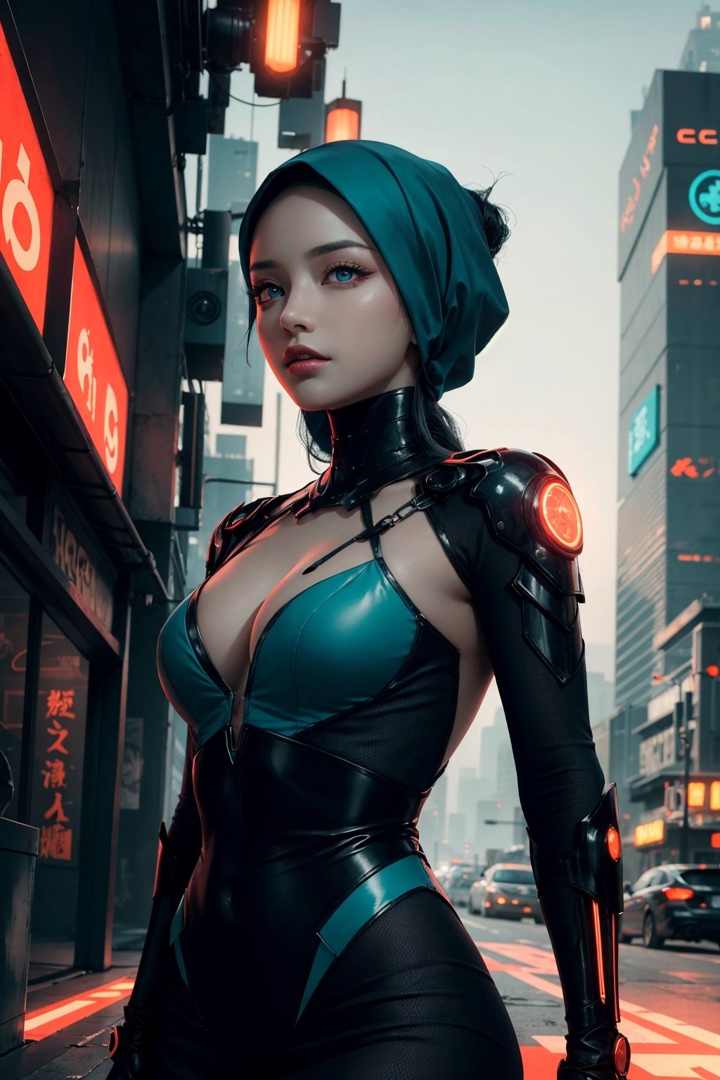 beautiful girl,wearing hijab,futuristic,cyberpunk,from future,action,elegance,beauty,glowing eyes,lights,high contrast,masterpiece,teal and orange,raidenshogundef,muted colors,low colors,