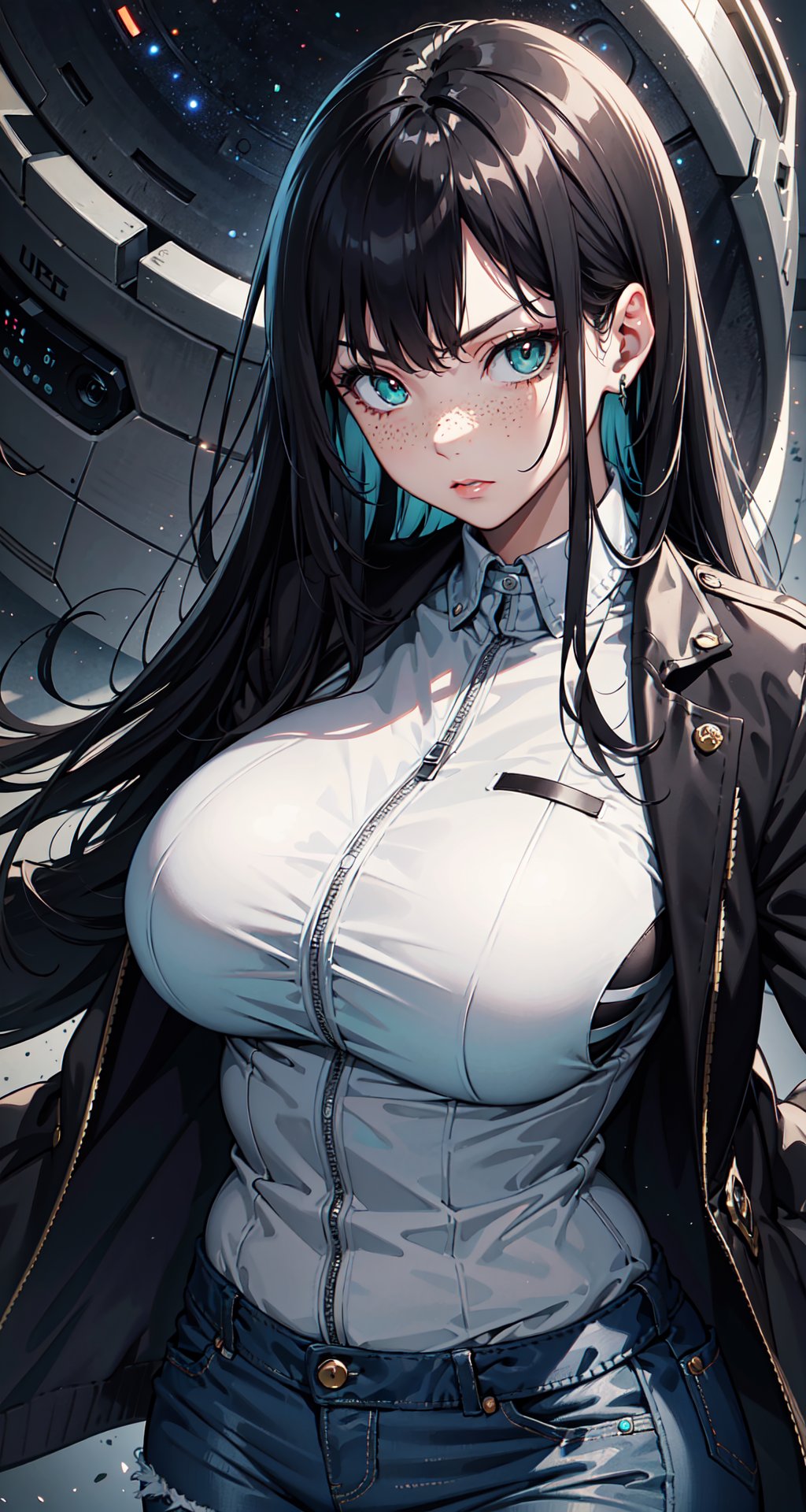 (4k), (masterpiece), (best quality), (extremely complex), (realistic), (sharp focus), (cinematic lighting), (extremely detailed), (epic), A close-up portrait of a chubby woman, serious look, deep look, incredibly detailed hand, long black hair, bangs, mint green eyes, freckles on face, white shirt with jacket on top, black jeans, curvy body, full body, detailed face, perfect eyes, detailed hands, mix of fantasy and realism. elements, vibrant manga, uhd image, vibrant illustrations, the background is a galaxy