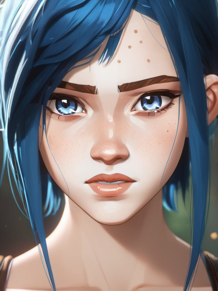 beautiful age 18 girl, arcane, blue hair, freckles, sexy, beautiful,  dslr, 8k, 4k, natural skin, textured skin,