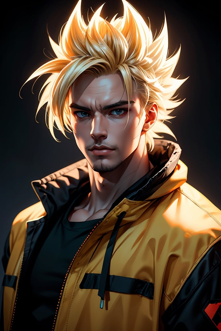 detailed portrait, ultra realistic, 1boy, highly detailed clothes, wearing neon coat with hood, beautiful face, robotic, super saiyen, blond hair, brush strokes, 12k, beautiful outfit, wlop, high definition, cinematic, behance contest winner, portrait featured on unsplash, stylized digital art, smooth,raidenshogundef,son goku