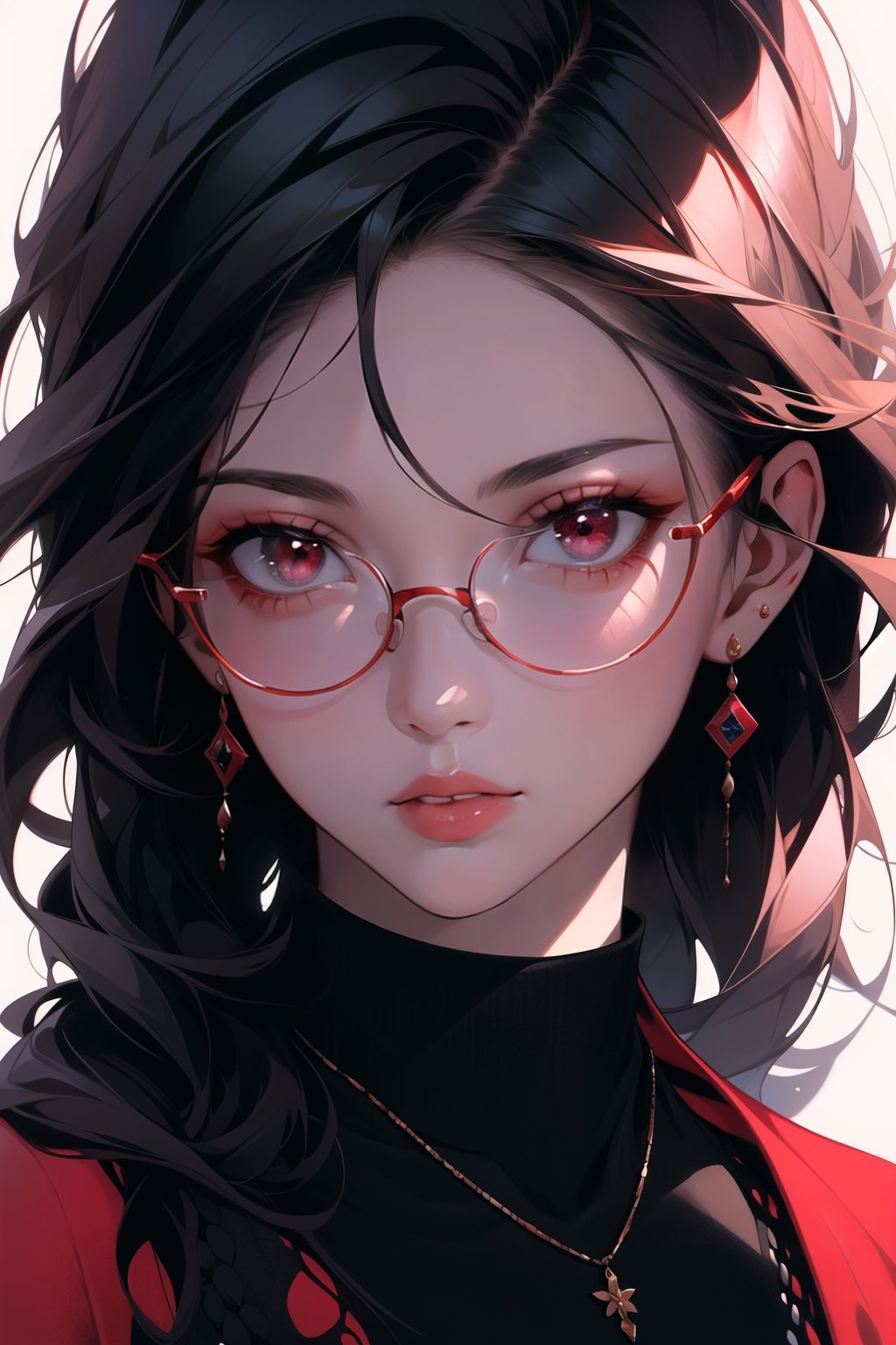 1girl, solo, long hair,oil painting, impasto, looking at viewer, black hair, jewelry,sweater,red eyes,close,earrings, lips,brown skin, necklace,hunter eyes,flirty gaze,lips,white background,circlet,red glasses,red contrast,masterpiece,beautyniji,nijistyle,niji