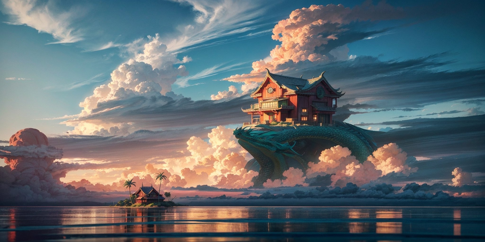 realistic dragon ball kami house in distance,a small island with a small house in the middle of sea,red house,sea iwth mountains on side,clouds makes a dragon,daytime,dragon ball anime,red roof,with palm trees around the house,shenron,green dragon in sky with wiskers,green hige dragon 