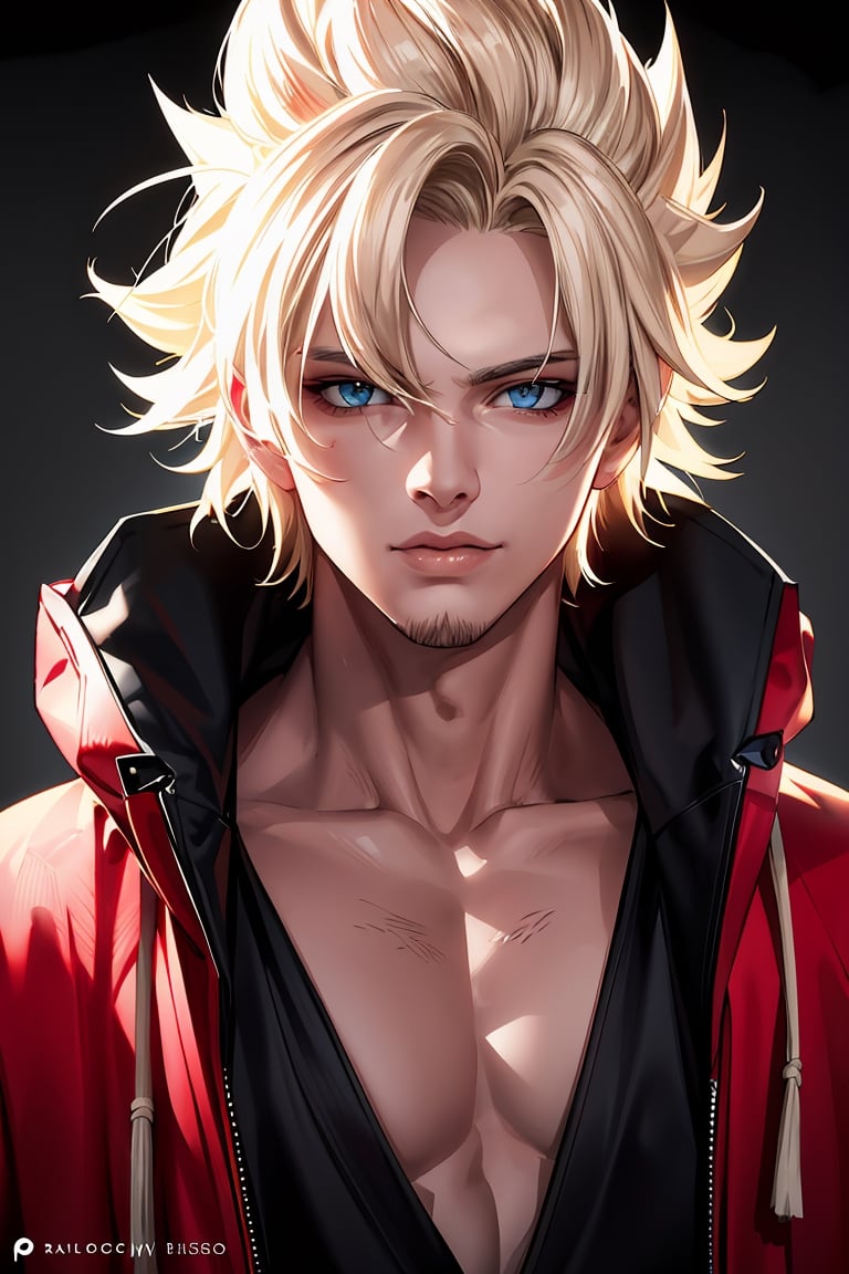 detailed portrait, ultra realistic, 1boy, highly detailed clothes, wearing neon coat with hood, beautiful face, robotic, super saiyen, blond hair, brush strokes, 12k, beautiful outfit, wlop, high definition, cinematic, behance contest winner, portrait featured on unsplash, stylized digital art, smooth,raidenshogundef,son goku