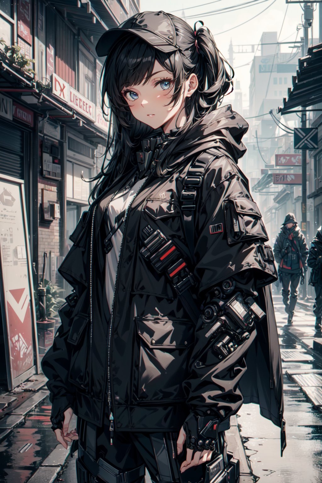 girl, black coat, pocket bags, black reflective clothes, detailed,masterpiece, mechanical hands, cape, hoodie,highly detailed, buff coat,mecha,robotic hands,hiyajo maho,urban techwear