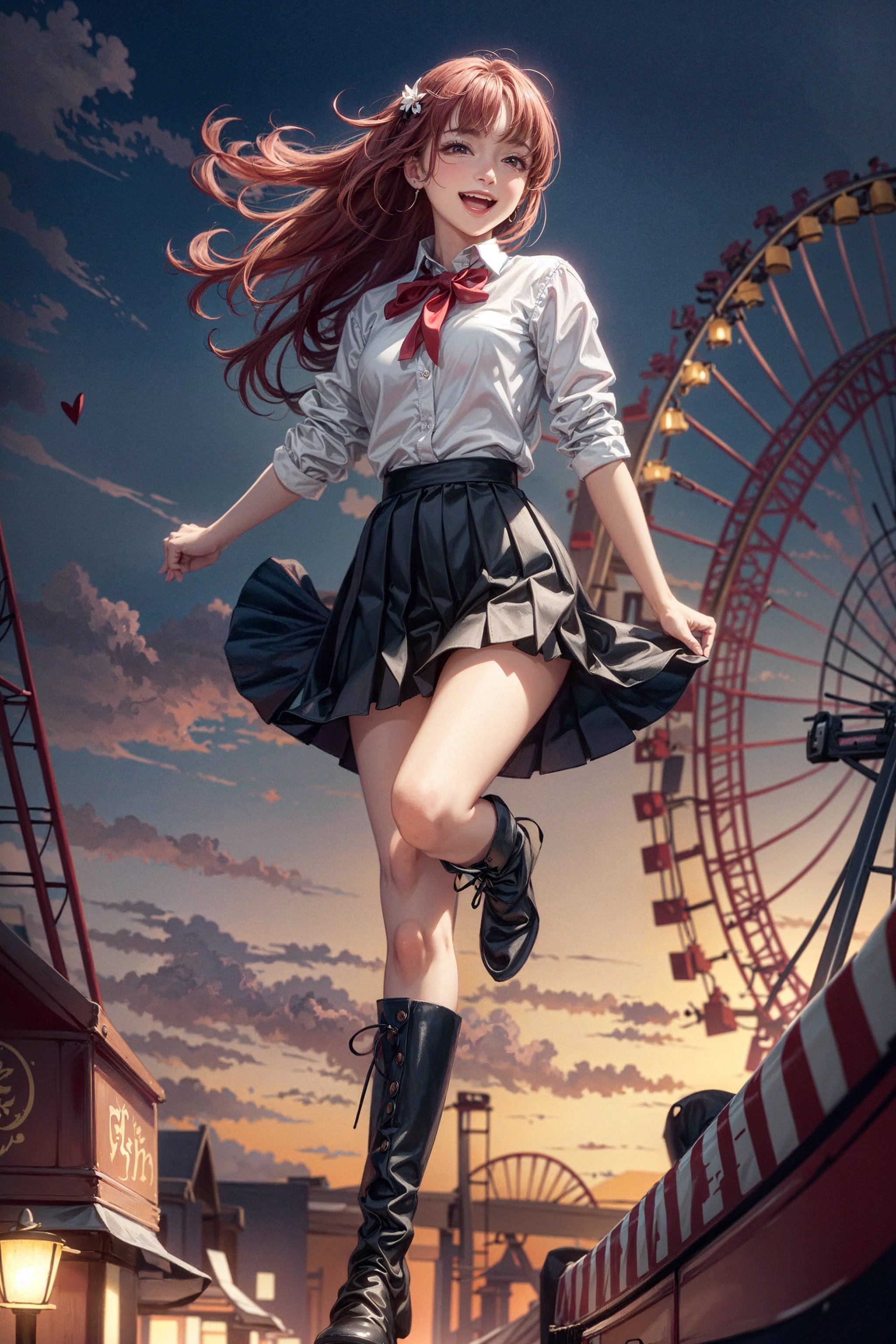 oft lighting, scenic background, carnival, roller coasters, gekkoukan high school uniform, white button up shirt, black pleated skirt, boots, red hair over on eye, excited happy expression, hearts