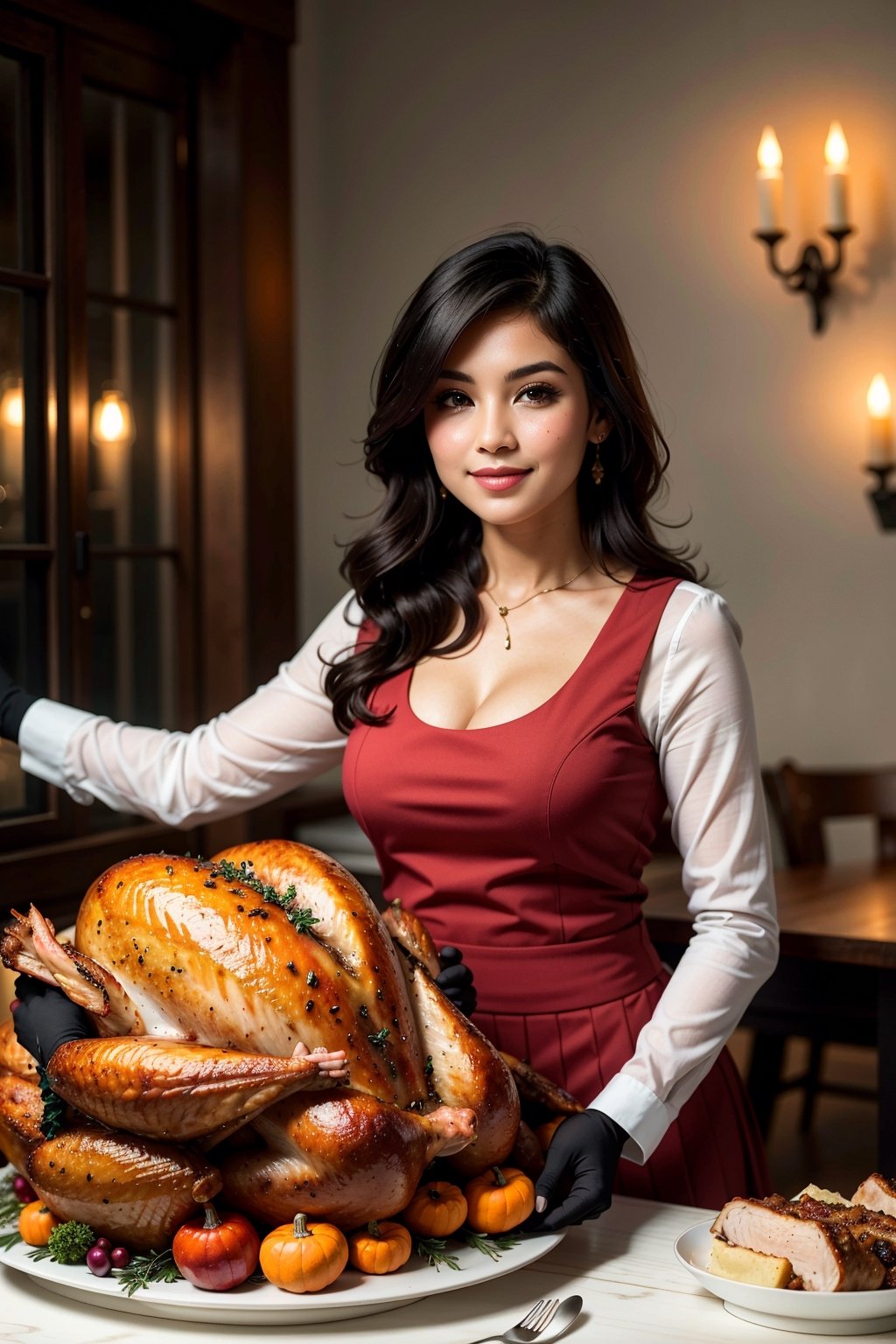 ((a young beautiful lady)) wearing ((adorable casual attire)) ((posing)) ((In the dining room)),((Thanksgiving turkey-themed:1.4)), ((night)), (((Dim light:1.4))), (((😉:1.4))), and ((wearing skirt)), and ((wearing gloves)), ((70s themes:1.4)), ((perfect_figure)), ((cleavage)), smiling, ((endearing)), ((Sweating)), ((wide_shot)), ((showing bang hair)), profesional masterpiece photography, hyper realistic, romantic , Bangsian fantasy, Bengali, photo, arabesque, ((Rangoli)), qajar art, instagram,, Anime,hogrobe,Thanksgiving turkey