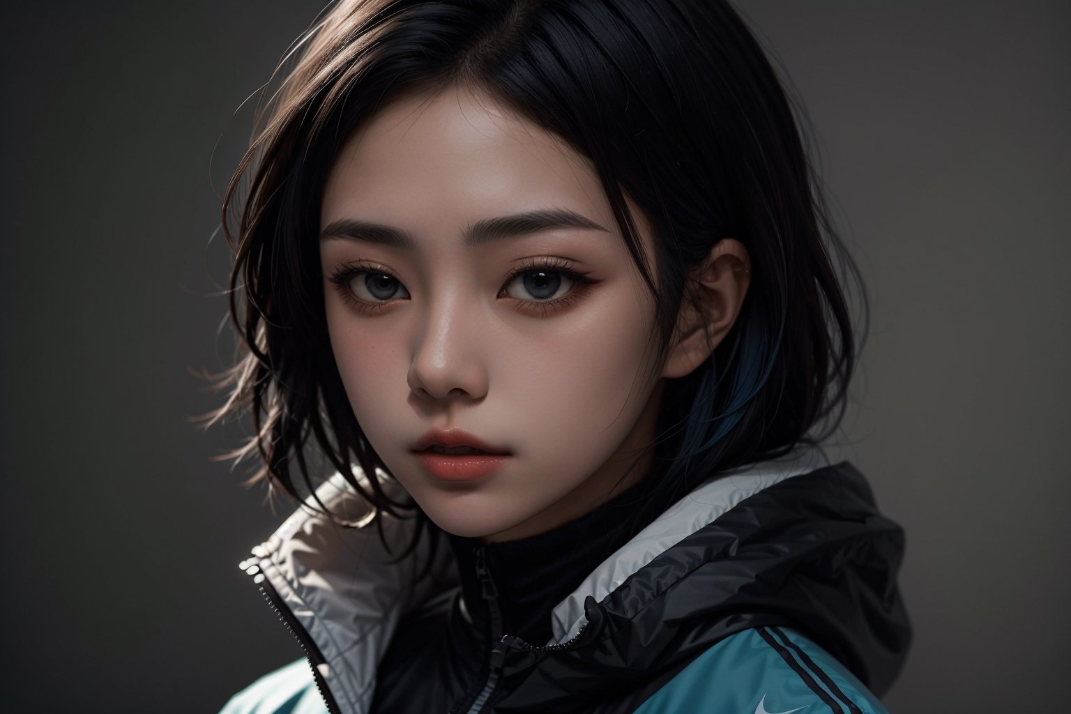 large superimposed Japanese characters ::2 close-up portrait of a beautiful woman with short blue hair, wearing a plastic Nike jacket, in cyberpunk style, with a dark gray background style raw,Masterpiece,1gir1