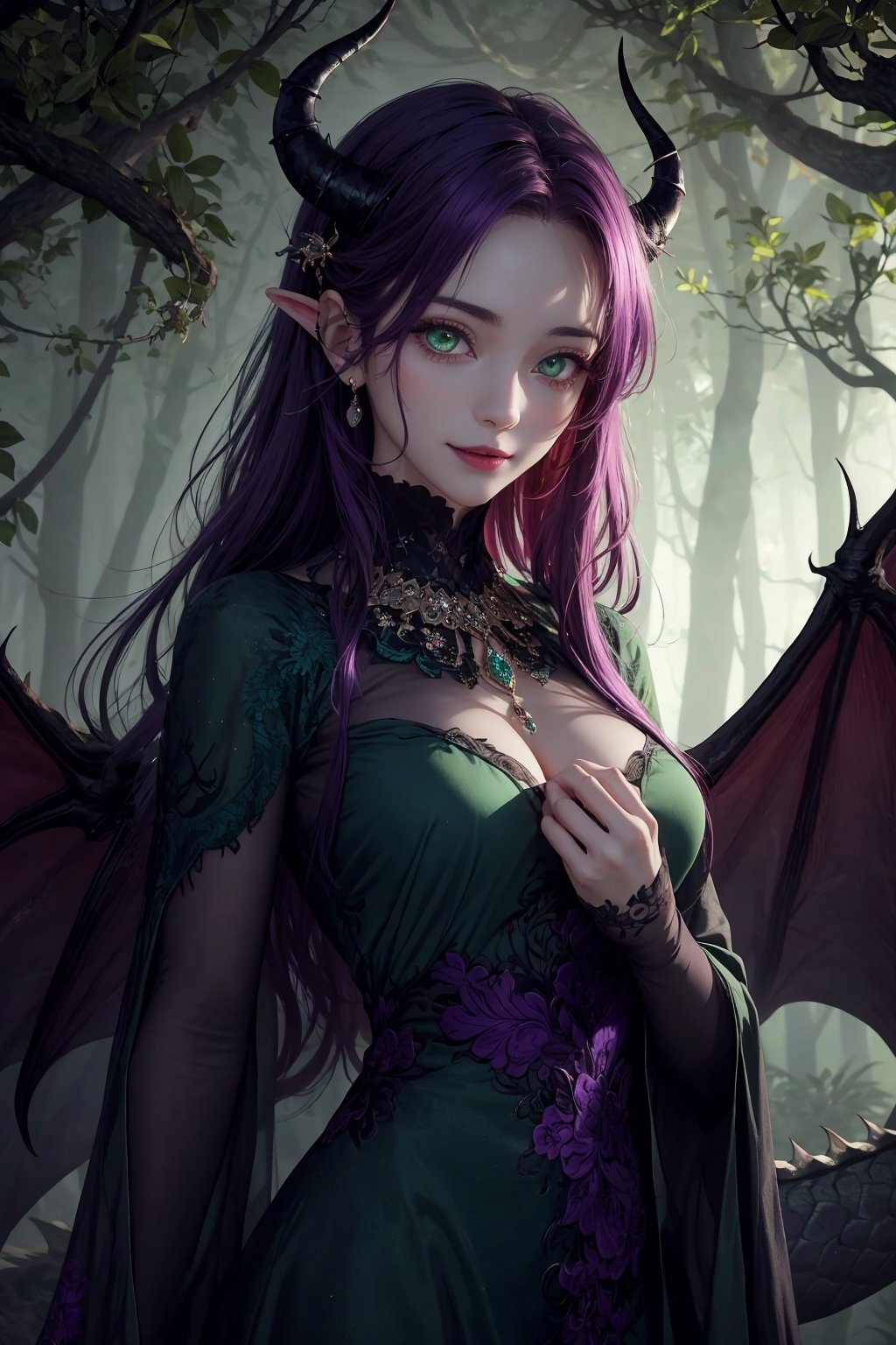Imagine a beautiful woman with long and wild dark purple hair hair flowing freely around her. She has horns. Her dragon eyes are bright green, sparkling with intricate detail. She smiles like she is scheming something. She wears a gorgeous dress with a fine touch and she wears fine jewelery. The background is a creepy forest with dim lighting, creating an ominous ambiance. She is surrounded by sparking magic. This artwork captures a creepy atmosphere against the backdrop of a beautiful yet dimly lit setting, detailed, detail_eyes, detailed_hair, detailed_scenario, detailed_hands, detailed_background. girl, fine clothing, nilou horns, parted bangs, messy hair, bishoujo, 