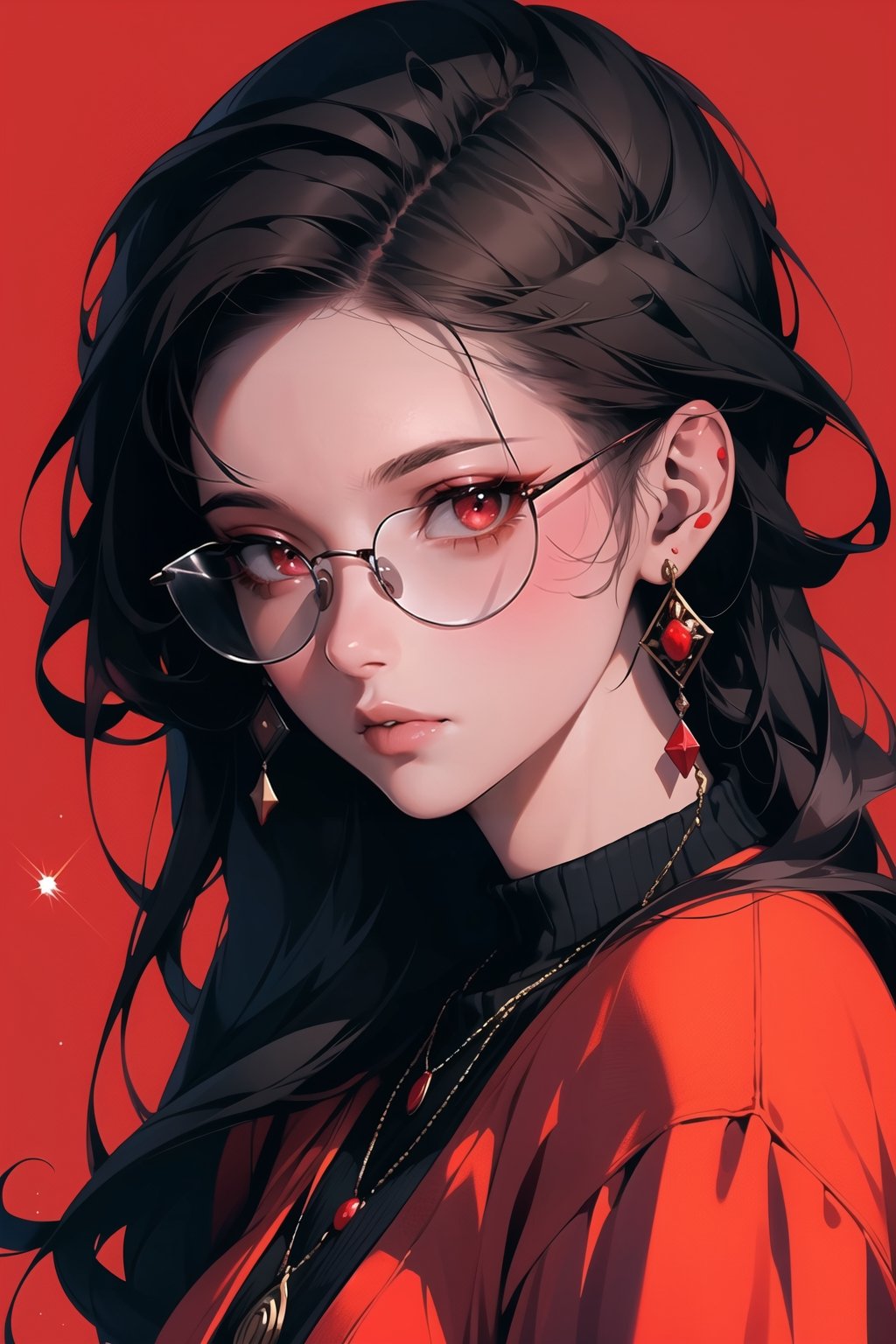 1girl, solo, long hair,oil painting, impasto, looking at viewer, black hair, jewelry,sweater,red eyes,close,earrings, lips,brown skin, necklace,hunter eyes,sharp eyes,glitter,shiny,flirty gaze,lips,red background,circlet,(red glasses,red contrast),masterpiece,beautyniji,nijistyle,niji