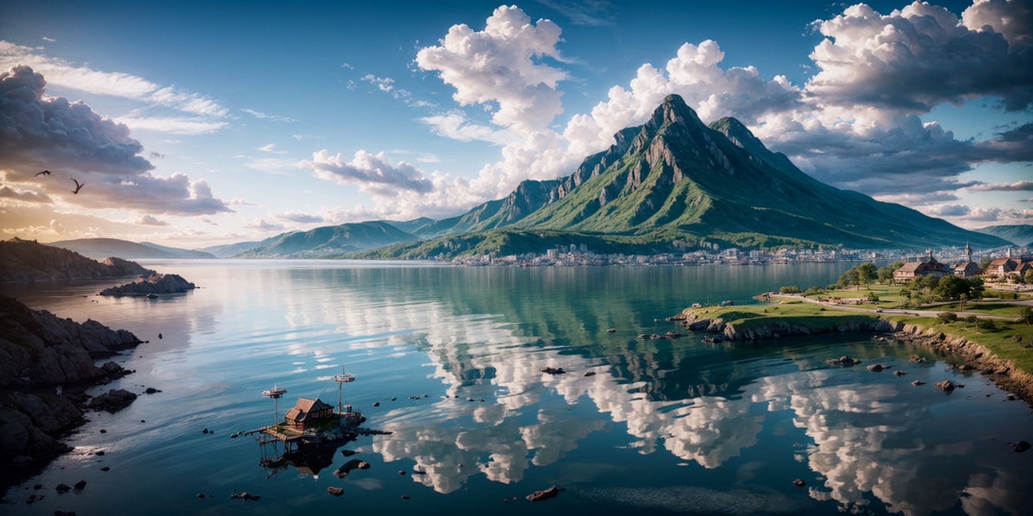 realistic dragon ball kami house in distance,sea iwth mountains on side,clouds makes a dragon,daytime,dragon ball anime,ai art