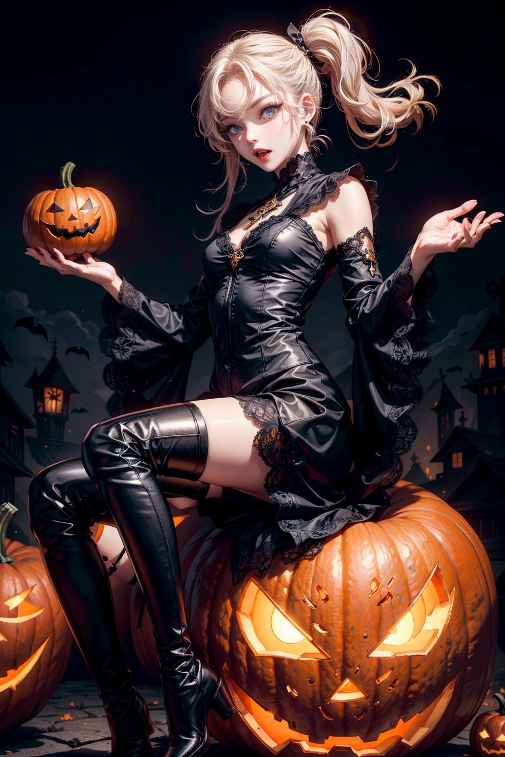 best shadows, halloween, pumpkins, ghosts, fangs, black lacy dress, black thigh boots, ann takamaki [persona], 1girl, happy expression, black twintails, blue eyes, scary pose