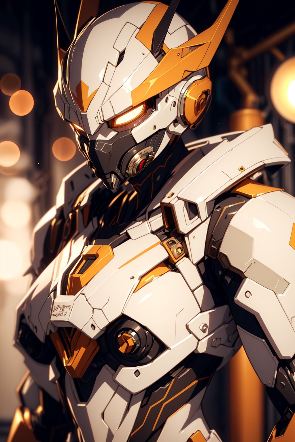 cgmech, (face mask, menpo), upper body, underboob, portrait, robot,white orange armor, white shimmering hair, neon light, 8K, RAW, best quality, masterpiece, ultra high res, colorful, (medium wide shot), (dynamic perspective), sharp focus , (depth of field, bokeh:1.3), extremely detailed eyes and face, beautiful detailed eyes,large breasts,(black gold, trimmed gear:1.2),(In a futuristic weapons factory:1.2), ((masterpiece, best quality)), Detailed background, spaceship interior,mecha \(mjstyle\)