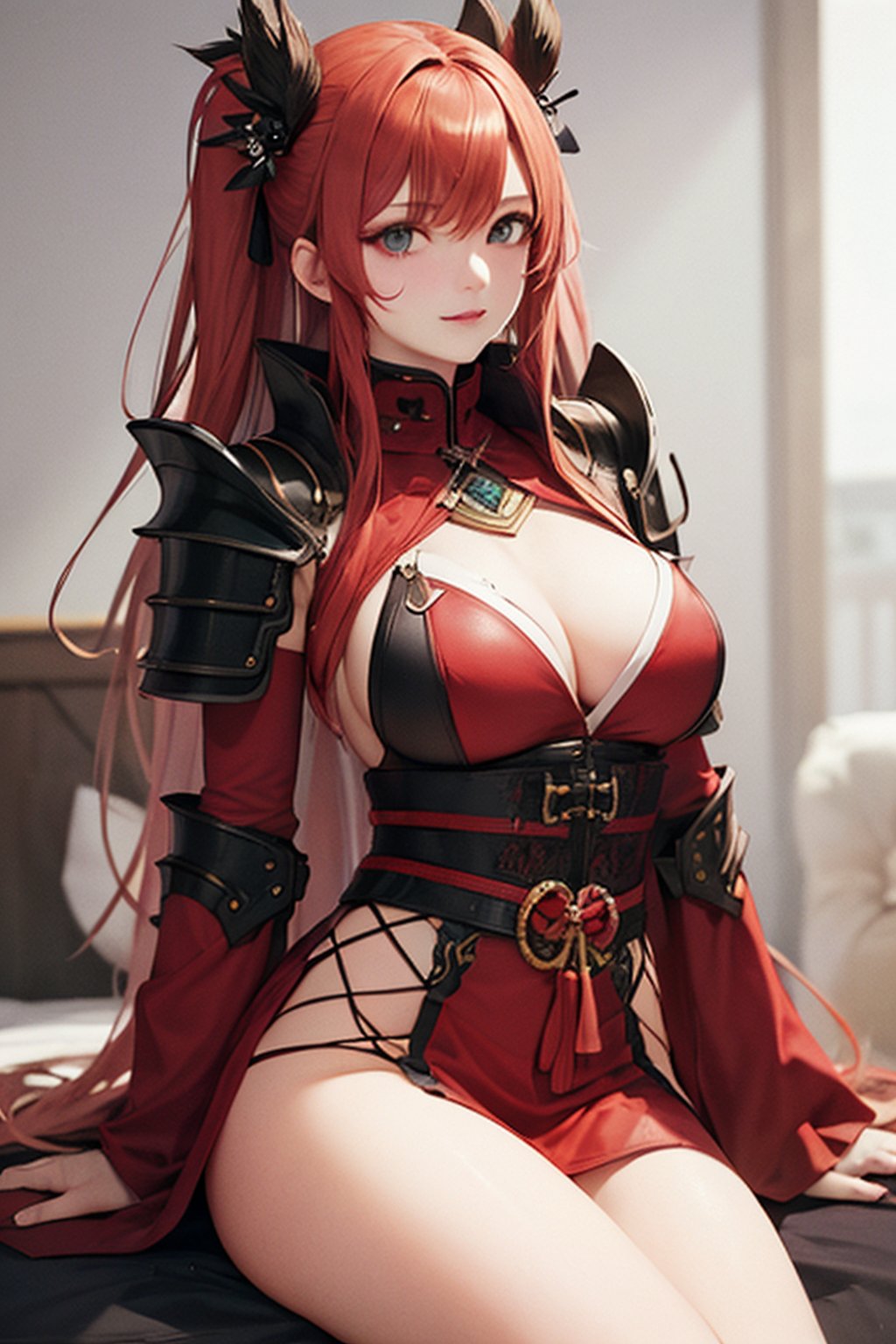 a beautiful  woman, dressed in red samurai armor