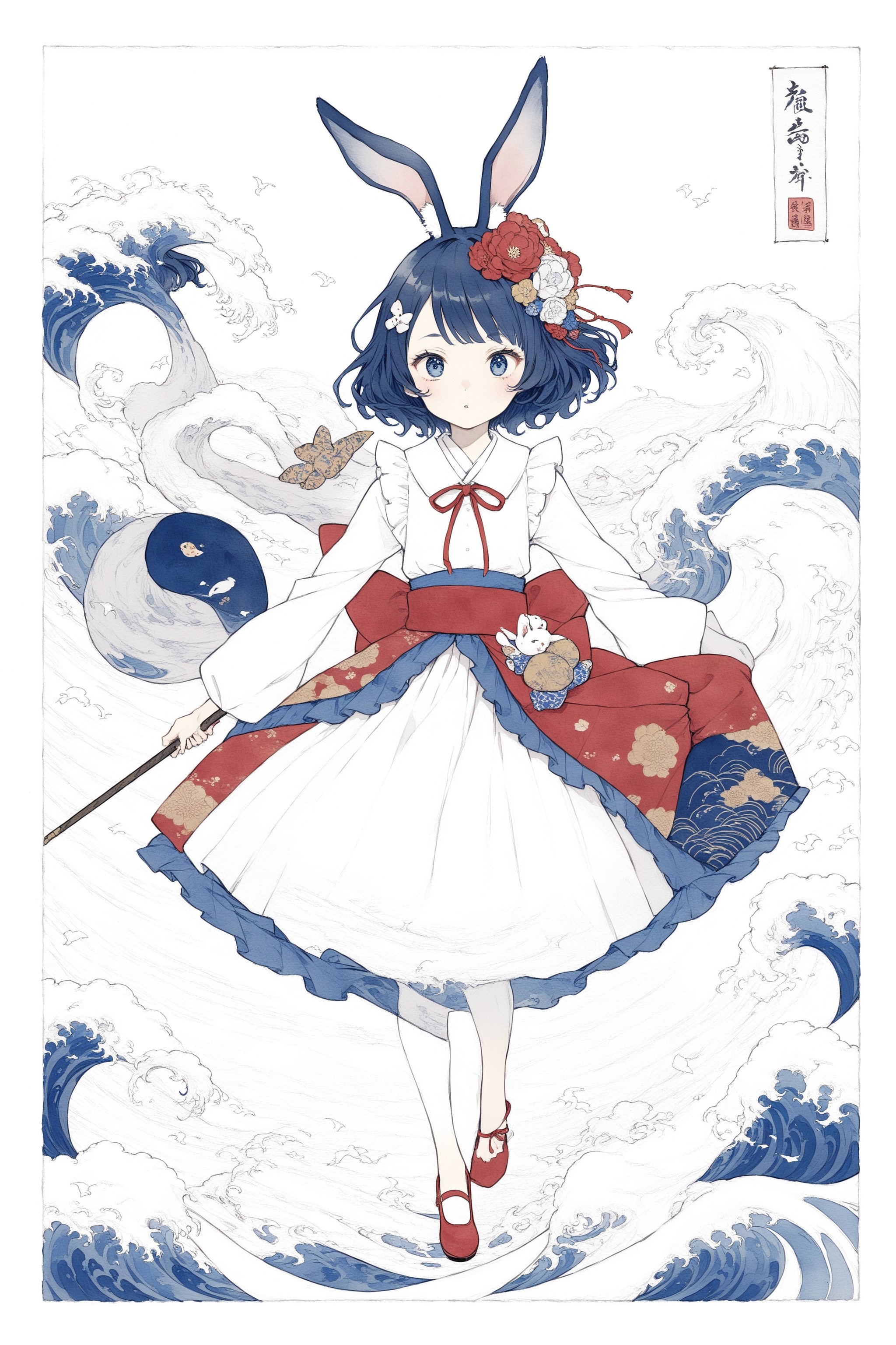 traditional,  ukiyo-e,  Chojugiga,  Rabbit girl,,  hokusai,  masterpiece,  best quality,  aesthetic, alice (alice in wonderland) (cosplay). 