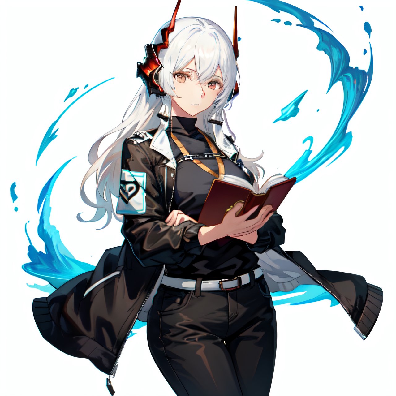 drip jacket,white background, shirt, jacket, closed mouth, open clothes, black pants, pants, 1girl, plus size, black shirt, looking at viewer, open jacket, solo, own hands together ,mudrock(arknights), horn , white hair , long hair , reading a book, yuritamashi style