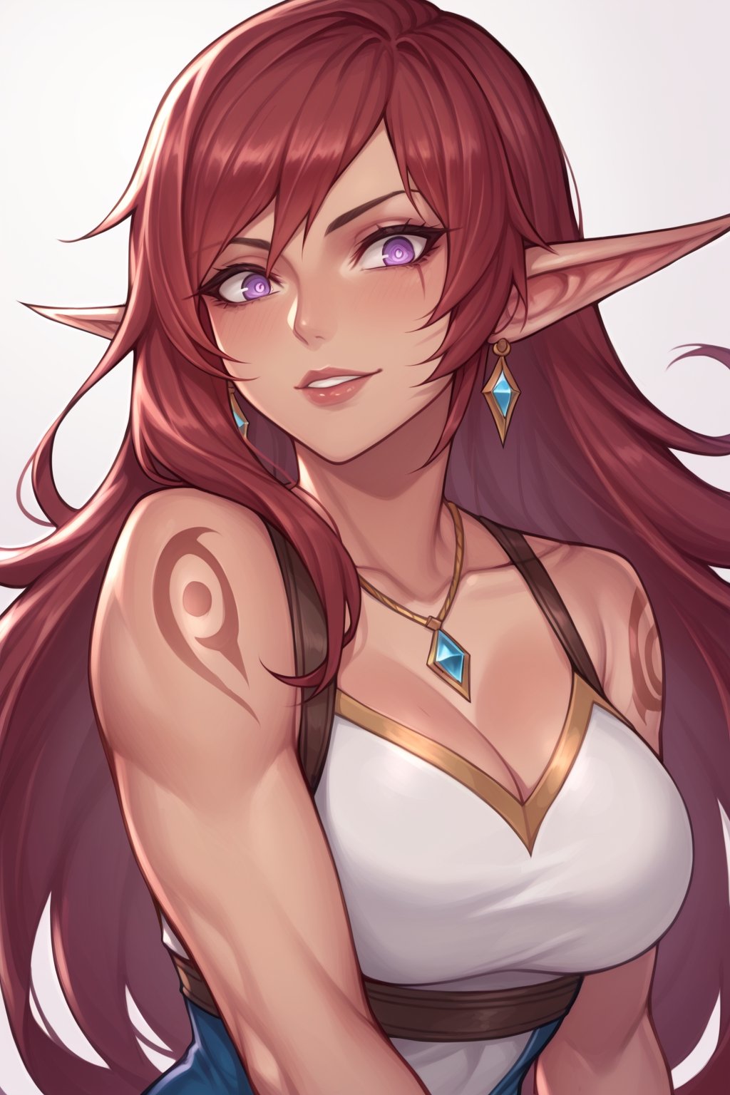 score_9, score_8_up, score_7_up, source_comic, (katerina from league of legends, katerina, portrait, dark skin, very brown skin, sorceress, mature, league of legends, red hair, very long hair, hair resting on shoulders, teeth tattoo, side tail, purple eyes, wide eyes, , symbol pupil, crazy eyes, full lips, 25 years old, muscular female, scars, medium breasts), hand besides head, ample cleavage, brown skin, elf ears, glowing eyes, tattoo through eye, smirky smile, shoulder armor, black and silver outfit, necklace, covered in tattoos, magic background, magic flowing through the wind, fullmoon,score_9_up