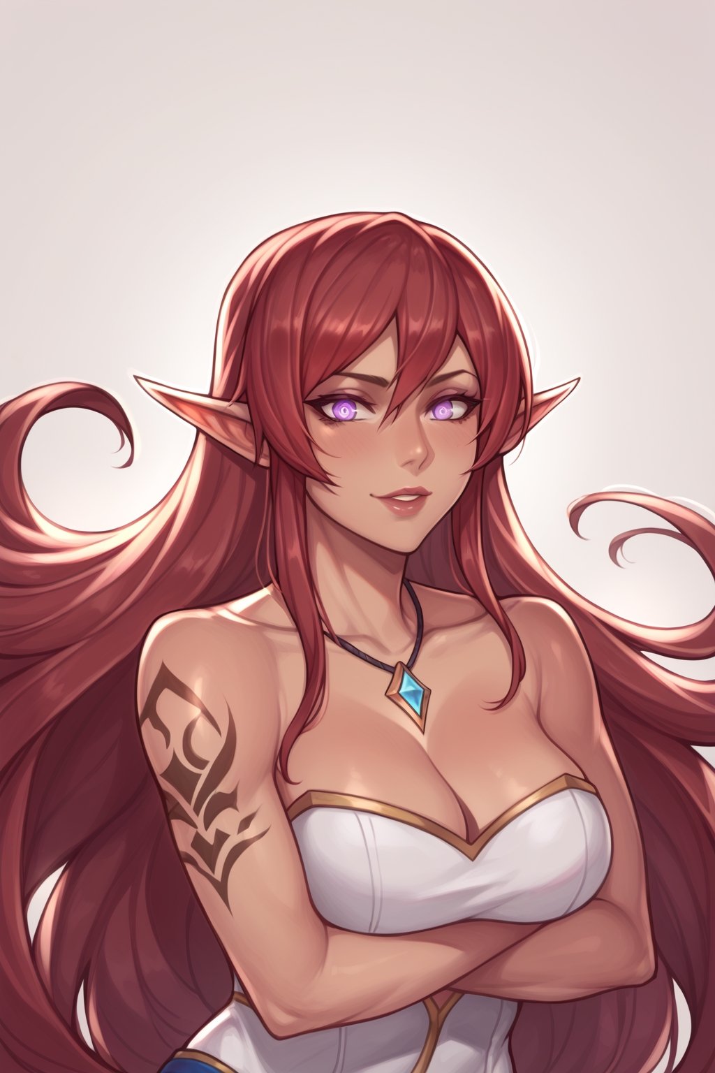 score_9, score_8_up, score_7_up, source_comic, (katerina from league of legends, katerina, portrait, dark skin, very brown skin, sorceress, mature, league of legends, red hair, very long hair, hair resting on shoulders, teeth tattoo, side tail, purple eyes, wide eyes, , symbol pupil, crazy eyes, full lips, 25 years old, muscular female, scars, medium breasts), hand besides head, ample cleavage, brown skin, elf ears, glowing eyes, tattoo through eye, smirky smile, shoulder armor, black and silver outfit, necklace, covered in tattoos, magic background, magic flowing through the wind, fullmoon,score_9_up