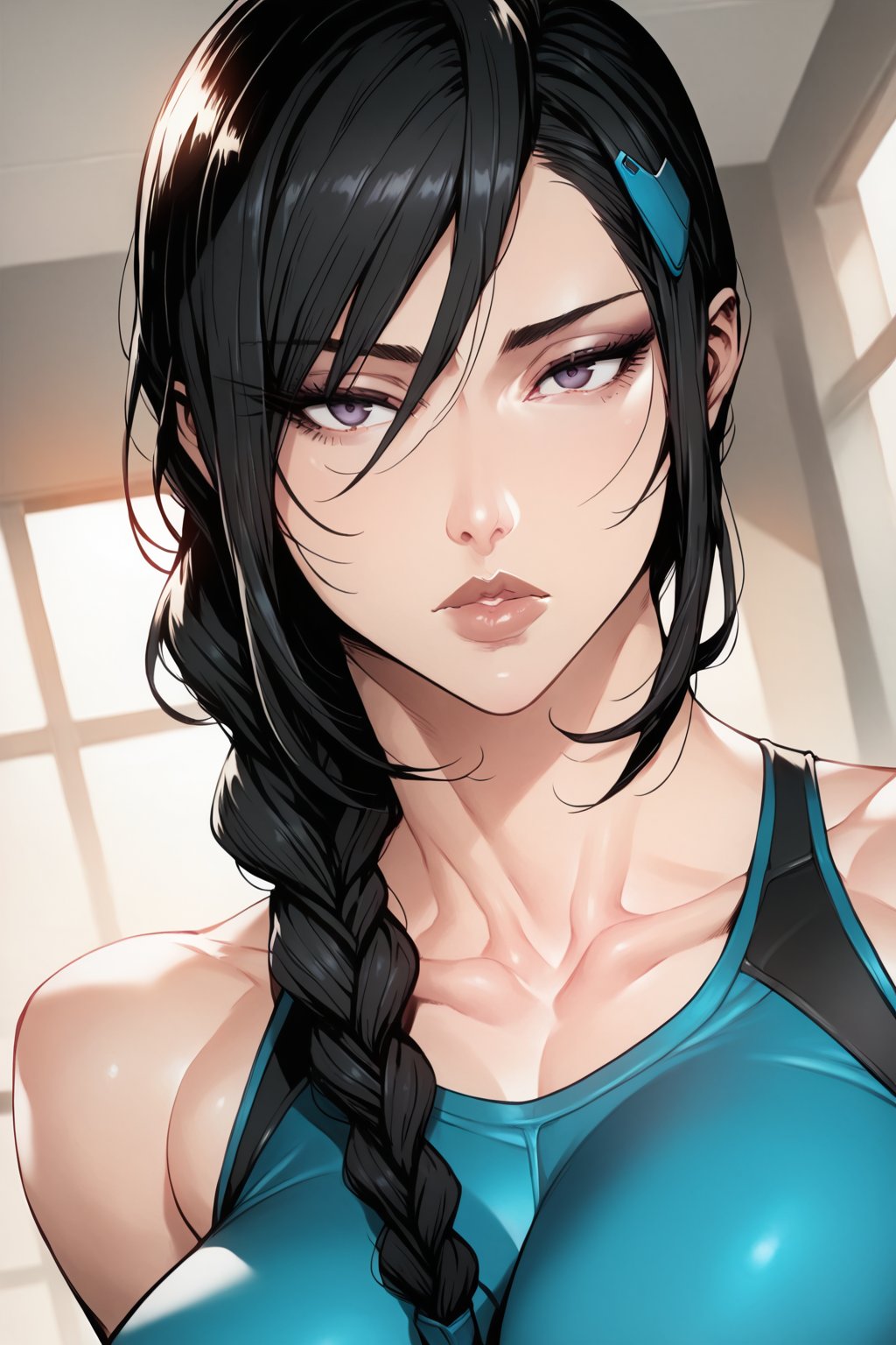 score_9, score_8_up, score_7_up, score_6_up, score_5_up, score_4_up, MAIDOLL, 1 girl, black hair with dark-purple higlight, braided ponytail, hair ornament, brown lips, fit, sportswear, expressionless eyes, dutch angle, portrait