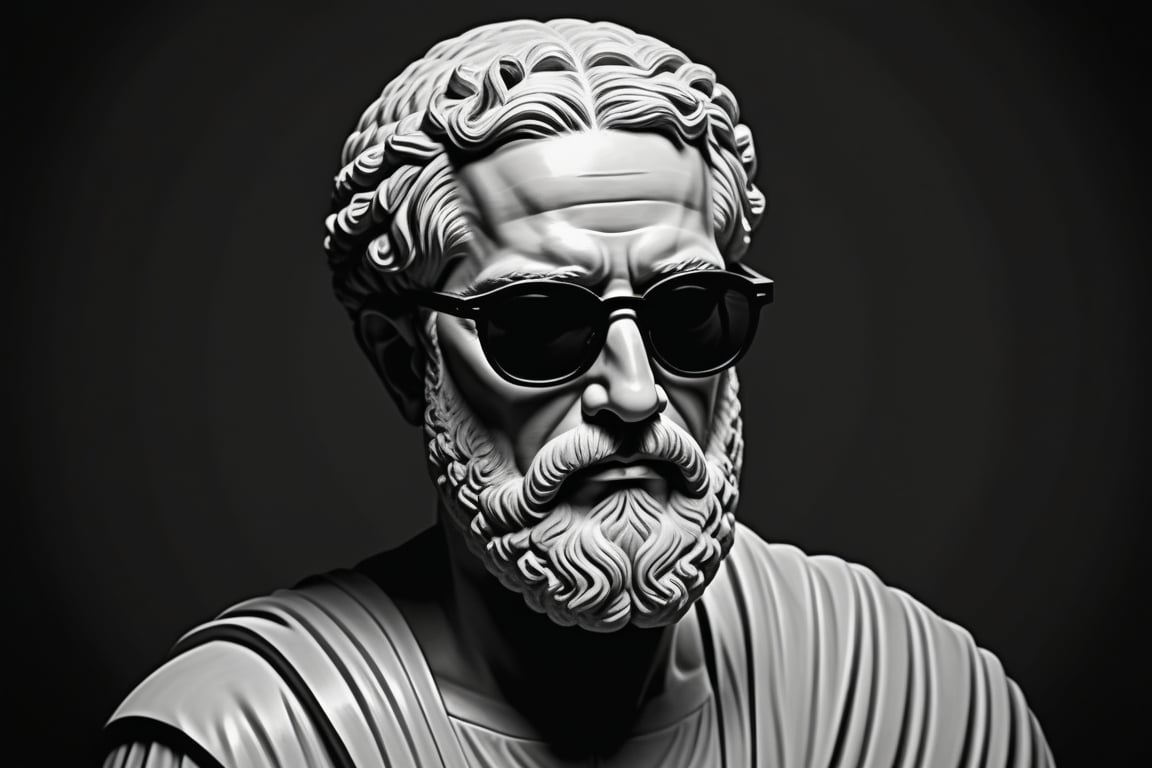 Create a black and white
 digital illustration of an ancient Greek philosopher, depicted in a classical style. The philosopher should be wearing modern, dark sunglasses. The background of the image should be completely black to create a striking contrast. The philosopher should have a thoughtful expression, with an iconic beard and bald head clearly visible. The sunglasses should be subtly integrated into the illustration, adding a contemporary and cool twist to the traditional appearance. The lighting should focus on the philosopher's face, highlighting the features and the sunglasses, while the black background remains stark and uncluttered.