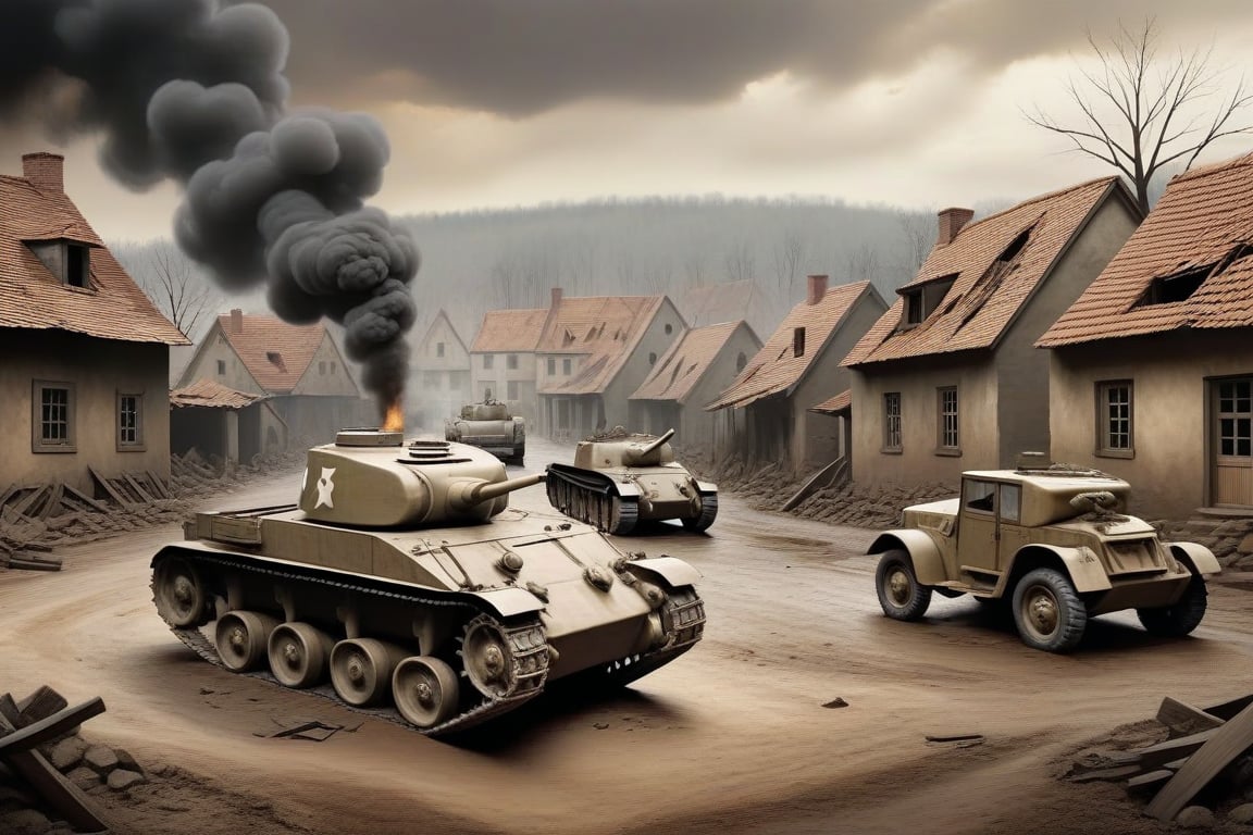 Create a detailed and evocative background image depicting a fallen German village during World War II. The scene should feature ruined traditional German houses with broken windows, collapsed roofs, and charred walls, set in a rural landscape with surrounding forests or fields marked by craters, uprooted trees, and scattered debris. The sky should be overcast or filled with smoke, adding to the somber mood, with a slight sepia tone to give a historical feel. Include remnants of war such as abandoned tanks, damaged military vehicles, and scattered weapons, along with personal belongings like broken furniture and torn clothes. In the background, show a few surviving villagers dressed in period-appropriate clothing, conveying despair and hopelessness, creating an image that is historically accurate, immersive, and emotionally evocative.