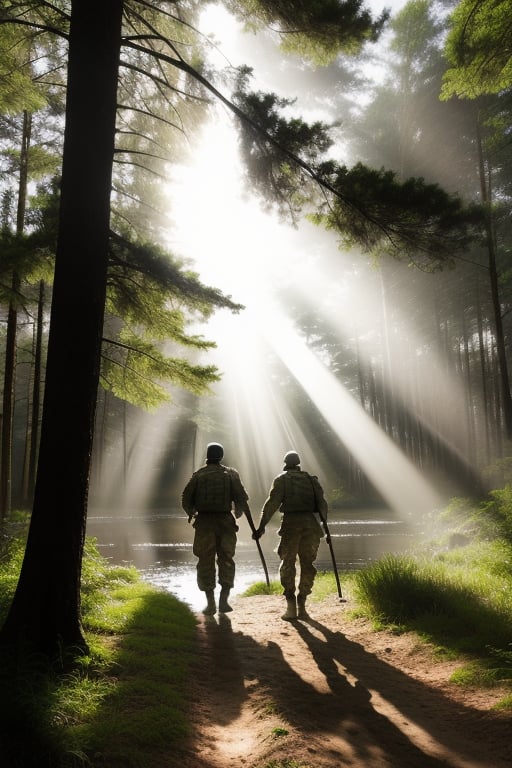 soldiers crossing swamp in forest, daytime, sunlight rays, shot taking from behind