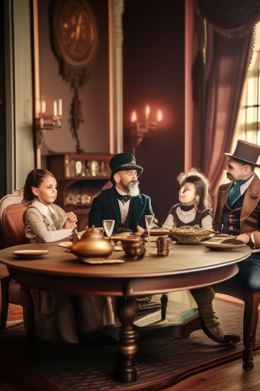 rich steampunk era family on dinning table in palace, cinematic effect