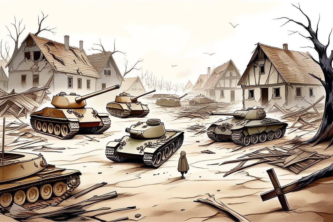 Create a detailed and evocative background image depicting a fallen German village during World War II. The scene should feature ruined traditional German houses with broken windows, collapsed roofs, and charred walls, set in a rural landscape with surrounding forests or fields marked by craters, uprooted trees, and scattered debris. The sky should be overcast or filled with smoke, adding to the somber mood, with a slight sepia tone to give a historical feel. Include remnants of war such as abandoned tanks, damaged military vehicles, and scattered weapons, along with personal belongings like broken furniture and torn clothes. In the background, show a few surviving villagers dressed in period-appropriate clothing, conveying despair and hopelessness, creating an image that is historically accurate, immersive, and emotionally evocative.