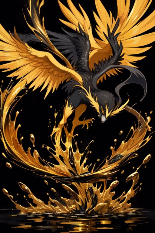 phoenix, golden black water splash painting, white background no human