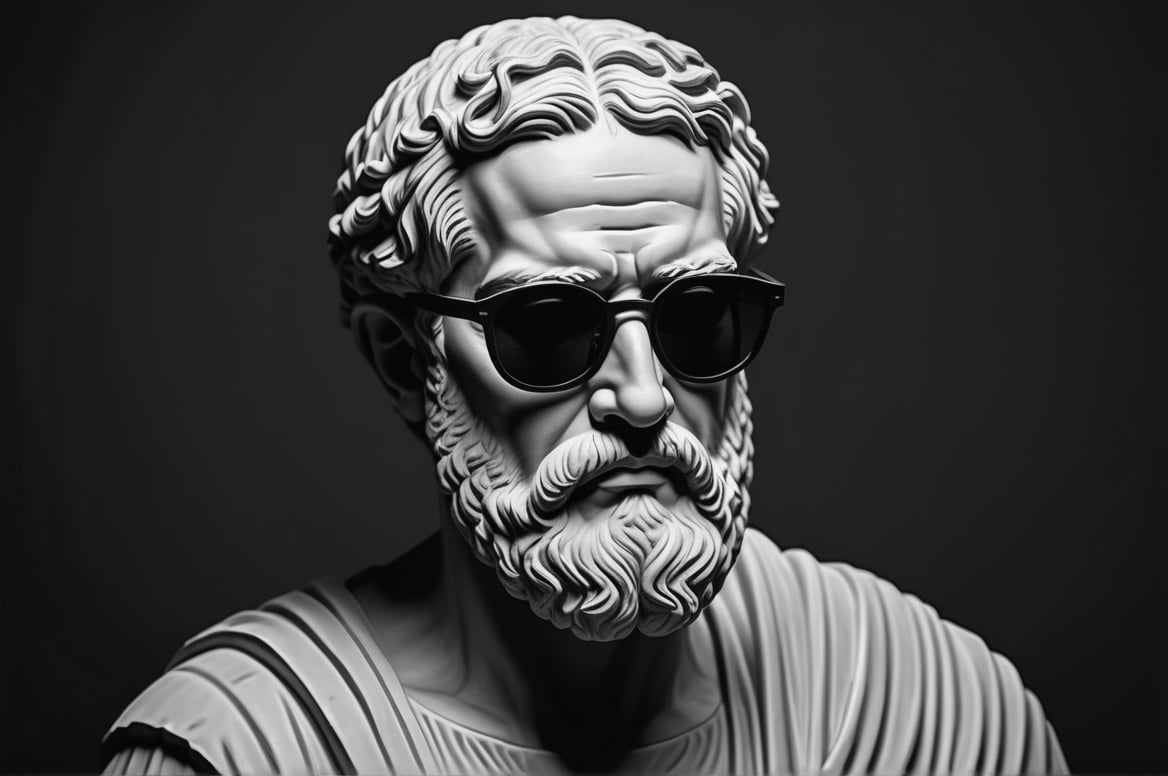 Create a black and white
 digital illustration of an ancient Greek philosopher, depicted in a classical style. The philosopher should be wearing modern, dark sunglasses. The background of the image should be completely black to create a striking contrast. The philosopher should have a thoughtful expression, with an iconic beard and bald head clearly visible. The sunglasses should be subtly integrated into the illustration, adding a contemporary and cool twist to the traditional appearance. The lighting should focus on the philosopher's face, highlighting the features and the sunglasses, while the black background remains stark and uncluttered.