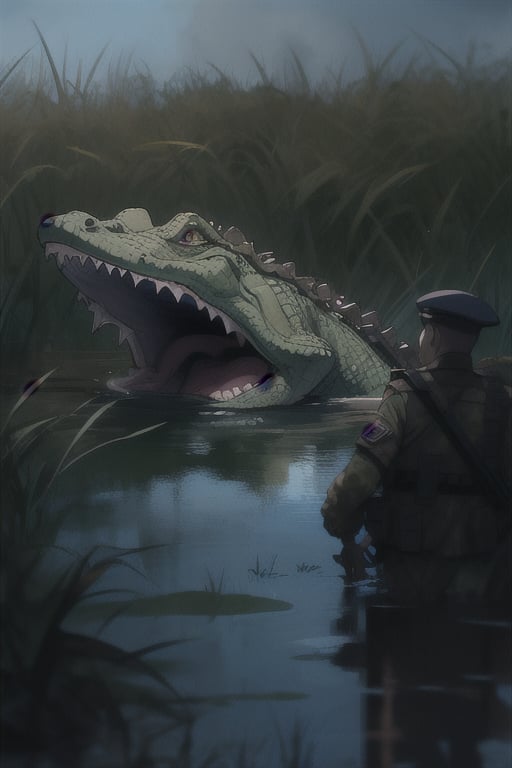 soldiers vs crocodile in the swamp, soldiers are fighting to crocodile