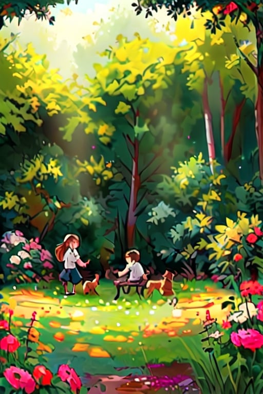 two children playing with a dog in the garden in the forest,EpicArt