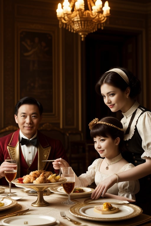 rich steampunk era family on dinning table in palace, cinematic effect