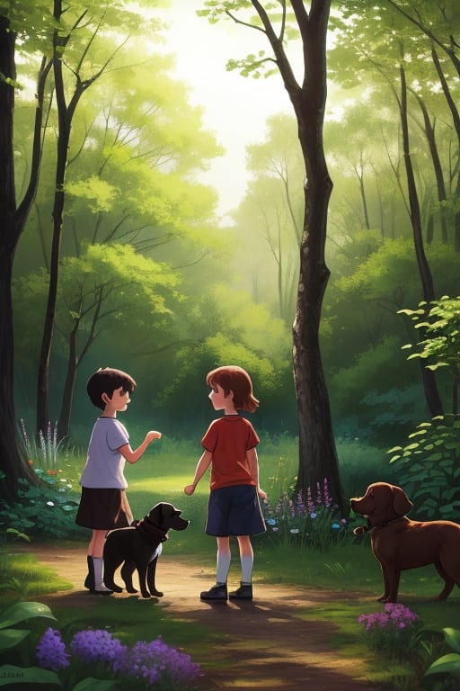 two children playing with a dog in the garden in the forest