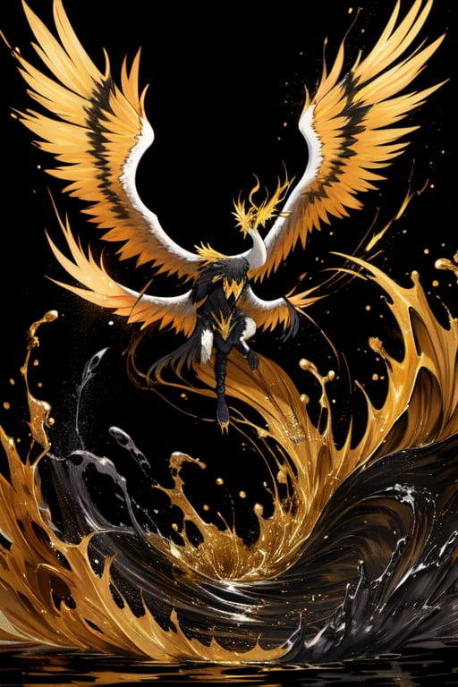 phoenix, golden black water splash painting, white background no human