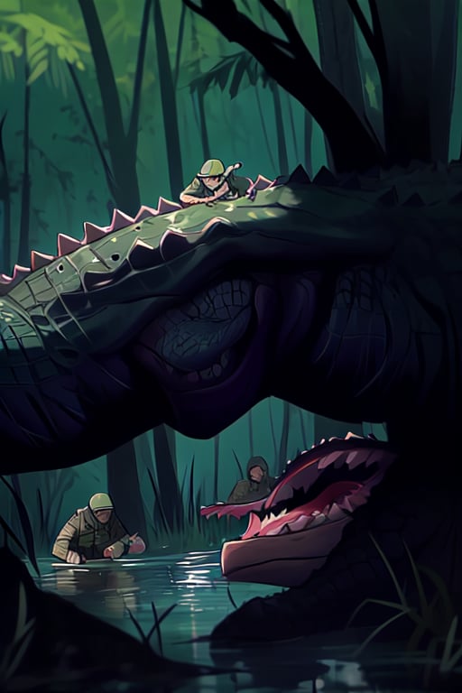 violent fight, multiple soldiers vs multiple crocodiles in the swamp, soldiers are fighting to crocodile