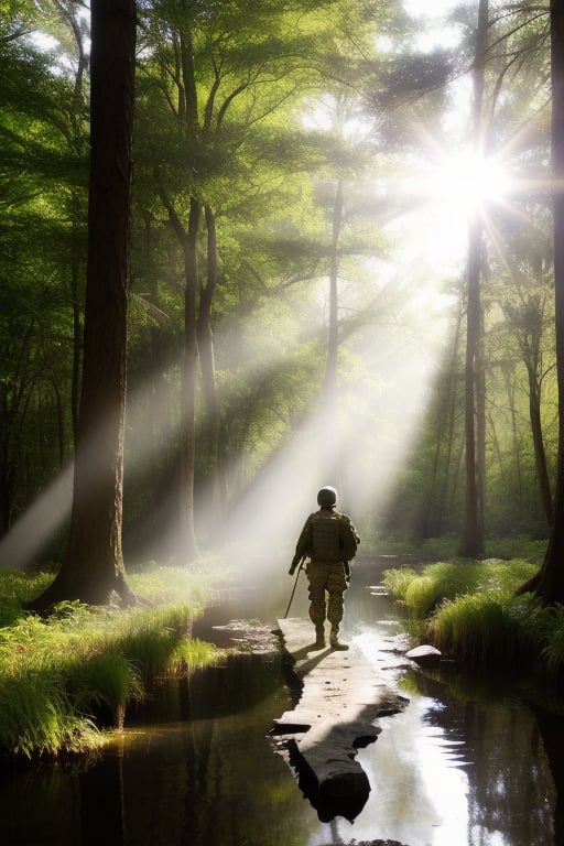 soldiers crossing big swamp in forest, daytime, sunlight rays, shot taking from behind