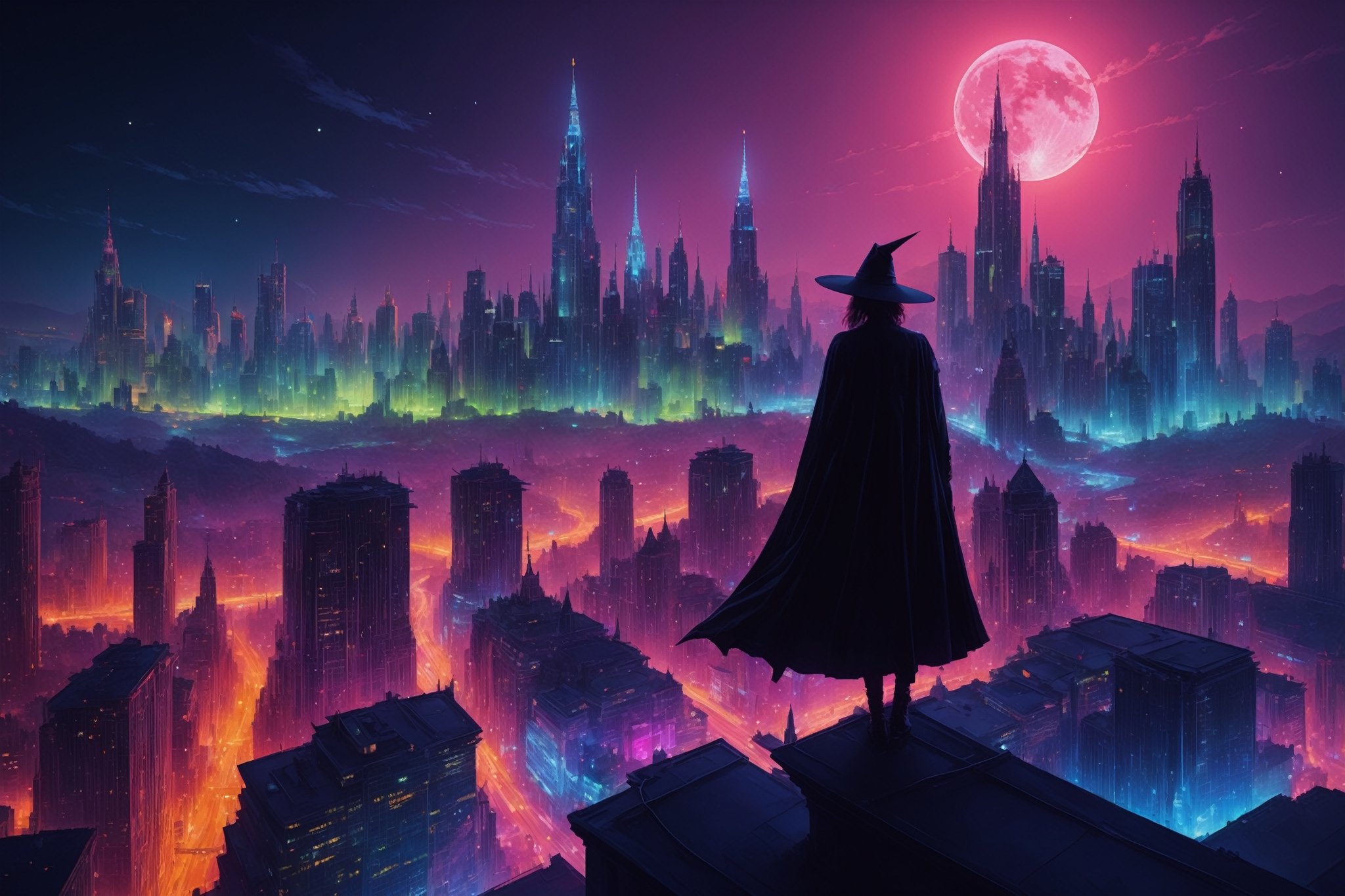 (witchery:1.3, devilish, view from top of the city, colorful, exquisite, elegant, fractal),

1girl on the roof, sexy, (blood, dagger), cross, orthodoxy,

background, (huge-neon-city:1.5, skyscrapers, neon-lights:1.5, night_sky, moon),

colors purple-pink-violet-black-blue-((lime))-azure-orange-red, neon-light, (warm-glow), 800mm lens, extreme reach, super telephoto lens

(masterpiece, (key-visual), professional-artwork, 8K, HDR, colorful, sharp-image, intricate-details),