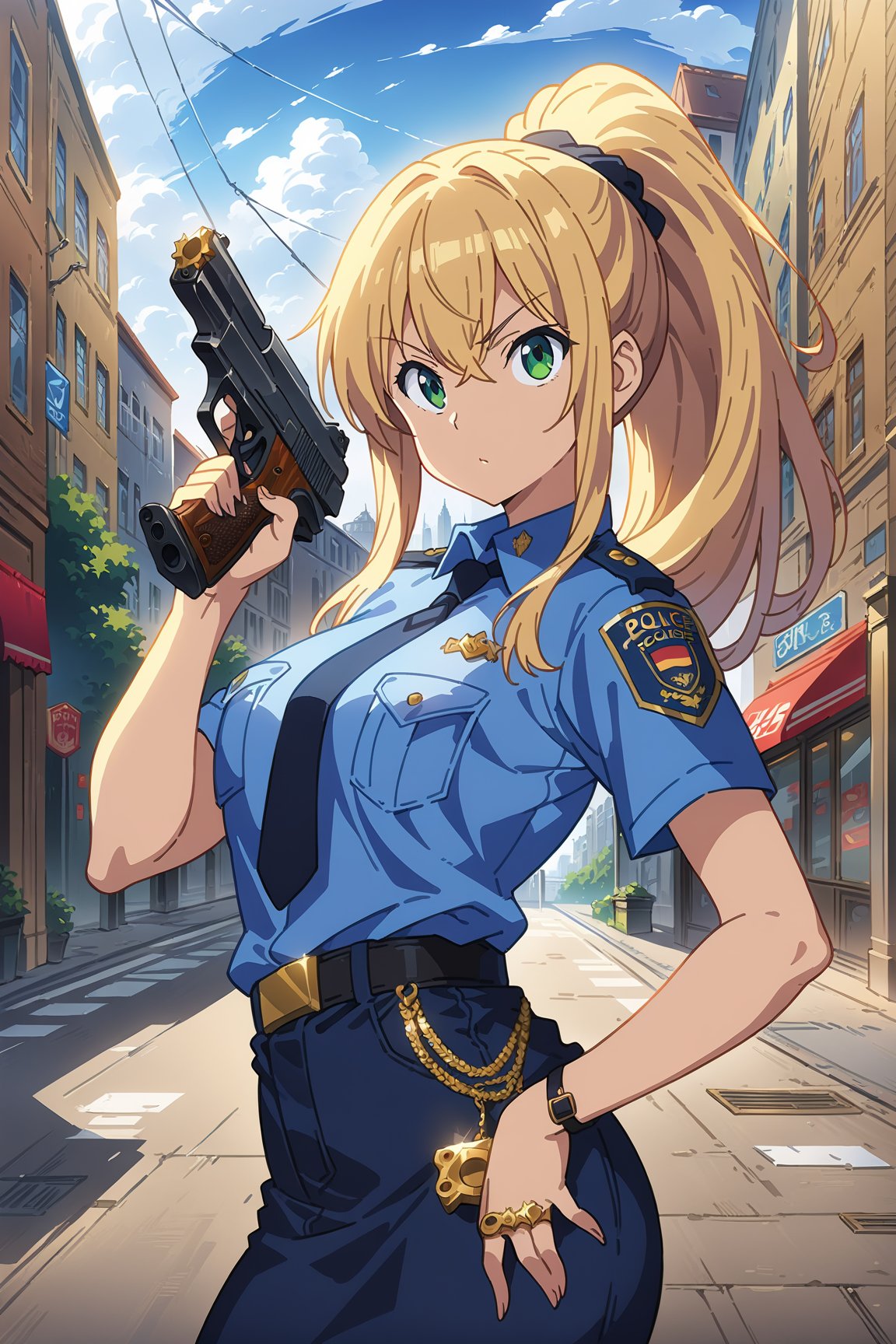 blonde policewoman posing, ponytail, police uniform, (greeneyes), (lipstick:0.5), 

german urban city, brass knuckles, gun, rich,

blue / black / white / cerulean / gold, 

(((Masterpiece, best quality, 2D anime), HDR, artstation), sharp visual, extra details),

modern, swag, fancy,