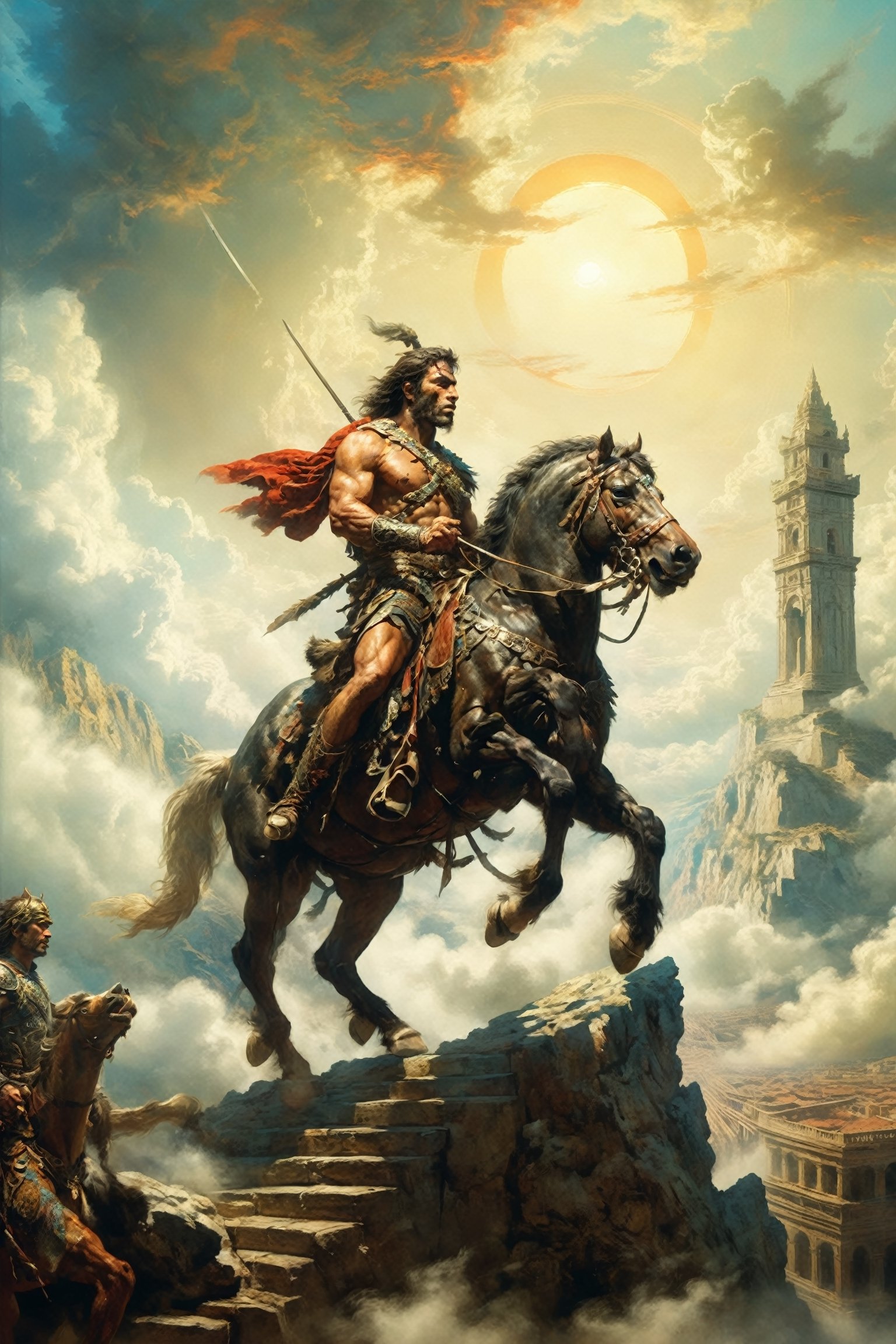 A primal warrior with a bow on his horse climbs up the stairs to the top in the clouds leaving behind big city, scenery

Sky, daylight, sun, clouds, white marble, triumph, conquest,

vibrant color cinematic lighting, ambient lighting, sidelighting,

(best quality, masterpiece:2, 8K, HDR, extremely detailed, sharp look),Enhanced All