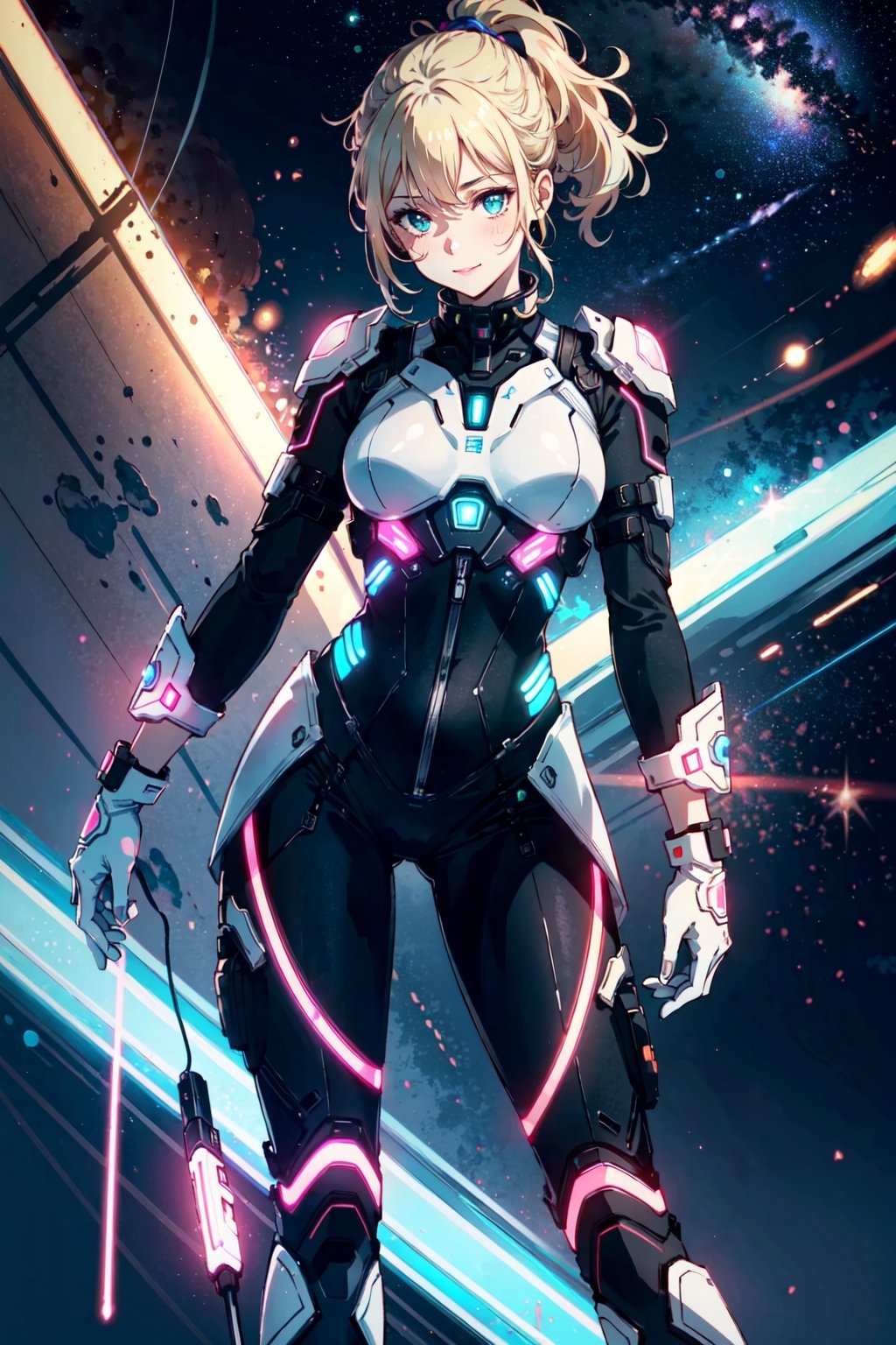 (erotic, bodysuit, elegant, aesthetic, exquisite, futuristic, cosmic, full_body),

blush, smile, green-eyes, blonde-ponytail, lipstick, gloves, pussy, covered-nipples,

starry-background, (outer space, stars), orbital, light-particles, (neon lights:1.3),

white, orange, pink, (violet), red, purple, lime, vanilla, porcelain, azure, enhanced colors, bokeh, 35mm-lens, glowing light, neon illumination,

(masterpiece, best quality, perfect visual), 8K, HDR, sharp image, professional artwork, detailed, intricate,
