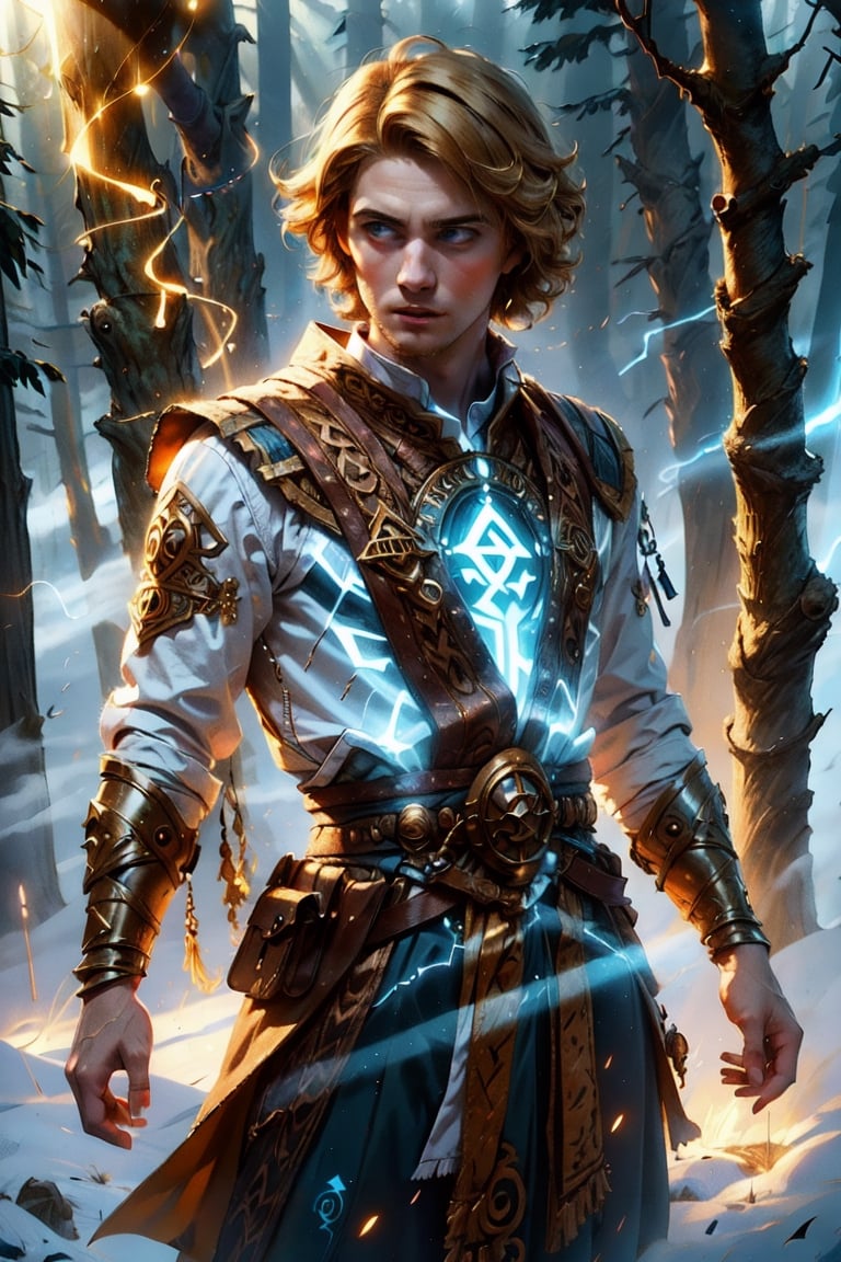 Slavic boy is an air wizard in a traditional slavic fancy dress, curly blonde hairs, blue eyes, casting air magic, dynamic pose, 1boy, lightness and fresh, GlowingRunes_blue,

Detailed background, forest, fog, clouds, animals, nature, sky, sunlight, sunbeam,

vibrant color, (white / blue tones), cinematic lighting, ambient lighting, sidelighting, 

(best quality, masterpiece:2, 8K, HDR, extremely detailed, sharp look),